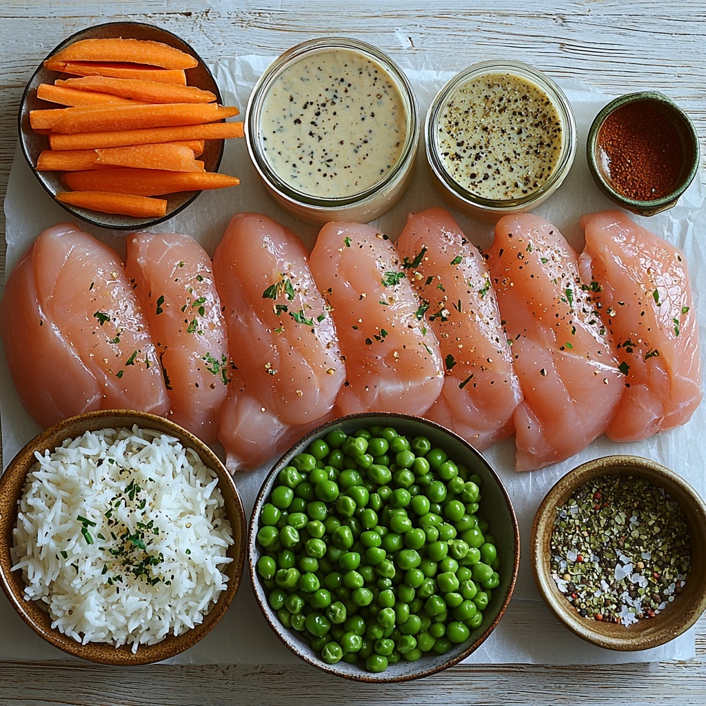 4 small boneless skinless chicken breasts neatly arranged side by side on a clean white surface, raw pale pink flesh with smooth texture; next to a bowl of uncooked instant rice, fluffy and off-white grains slightly spilling out; a glass measuring cup filled with golden reduced sodium chicken broth shimmering under soft light; two vintage-style cans of condensed cream of mushroom soup and cream of celery soup with classic labels, placed upright; a small bowl of vibrant frozen peas and orange carrots showing bright, contrasting colors; an assortment of seasonings artistically scattered around—onion powder, garlic powder, paprika, salt, and black pepper in small rustic ceramic spoons displaying earthy tones and fine powdery textures; all ingredients arranged with ample space between each item, styled on a warm light wood surface with natural daylight accentuating textures and colors, minimal shadows, clean and inviting composition, inviting and fresh aesthetic, overhead shot, top down view, flat lay photography, professional food styling --ar 1:1 --q 2 --s 750 --v 6.1