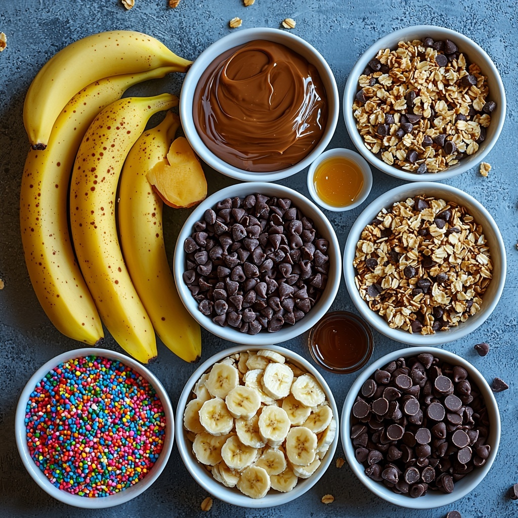 ripe bananas with smooth yellow skins, small bowls containing creamy peanut butter, glossy chocolate hazelnut spread, and golden honey, a white ceramic bowl filled with crunchy granola clusters, a neat pile of fluffy shredded coconut flakes, a small heap of chopped mixed nuts with varied textures and natural browns, a scattering of dark mini chocolate chips, colorful vibrant sprinkles artfully arranged nearby, all ingredients spaced evenly on a clean white surface that highlights their natural colors and textures, soft natural lighting enhancing the creamy, crunchy, and glossy contrasts, minimalistic and elegant styling with subtle shadows for depth, overhead shot, top down view, flat lay photography, professional food styling --ar 1:1 --q 2 --s 750 --v 6.1