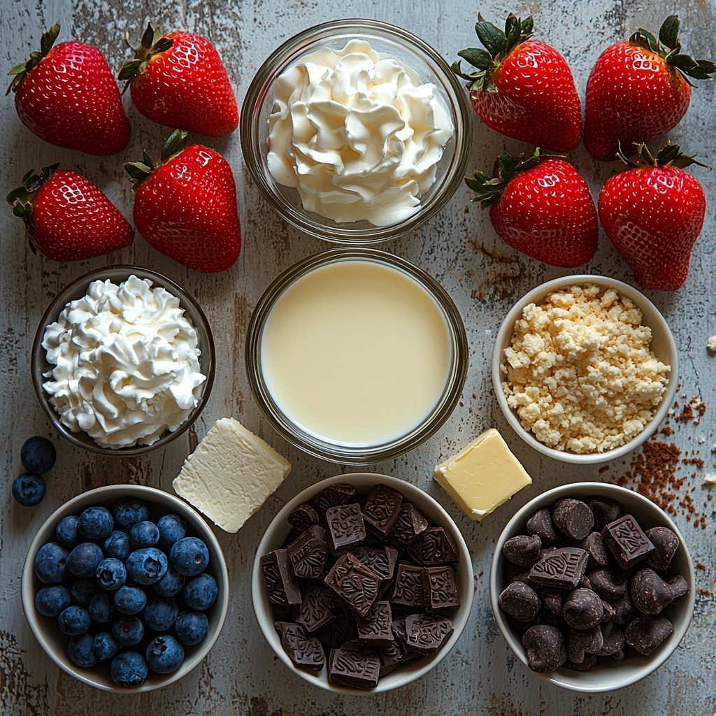 vanilla pudding ingredients flat lay: 2 cups whole milk in a clear glass jug with creamy white liquid, 1/2 cup granulated sugar in a small glass bowl with sparkling white crystals, 1/4 cup fine white cornstarch in a ceramic dish, 1/4 teaspoon salt in a tiny white porcelain spoon, 2 teaspoons golden vanilla extract in a small amber glass bottle, 2 tablespoons unsalted butter in a small square dish showing soft pale yellow block; optional toppings arranged nearby: fluffy white whipped cream dollop in a ramekin, delicate dark chocolate shavings scattered on a wooden slab, fresh vibrant red strawberries and deep blue blueberries with their natural shine and texture, crunchy crushed cookies pieces – a mix of light beige graham cracker crumbs and dark Oreo bits on a rustic white plate; all ingredients artfully spaced on a clean matte white surface, natural soft diffuse lighting highlighting textures and colors, minimal shadows, focus on freshness and simplicity, inviting and fresh styled for a cozy homemade dessert feel, overhead shot, top down view, flat lay photography, professional food styling --ar 1:1 --q 2 --s 750 --v 6.1