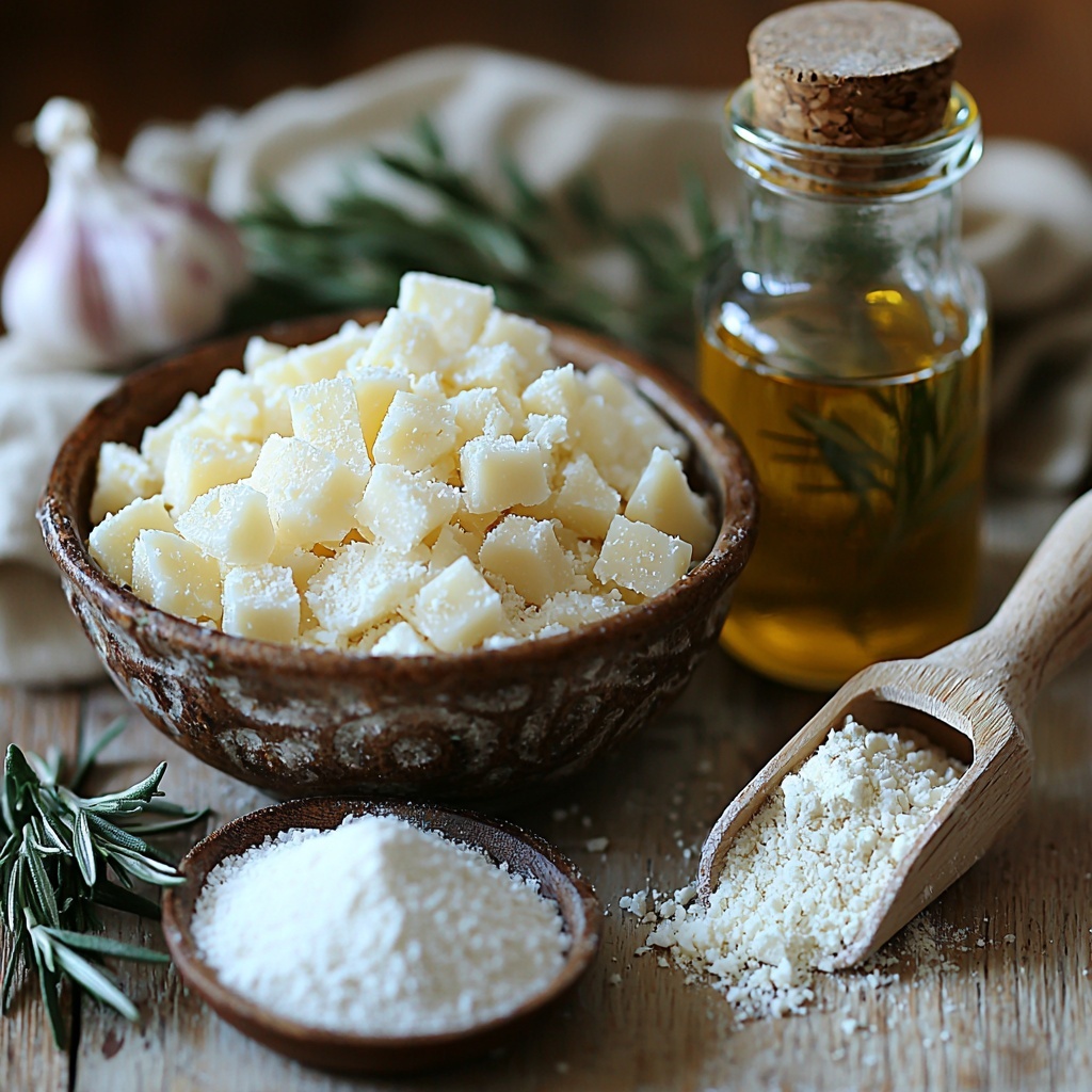 all-purpose flour in a rustic ceramic bowl with a small wooden scoop, coarse salt sprinkled neatly next to it, granulated sugar in a small glass jar with a silver spoon, active dry yeast displayed in a clear glass bowl with visible granules, warm water in a vintage measuring cup with steam faintly rising, a small elegant bottle of golden olive oil with a wooden dipper, freshly grated parmesan cheese piled on a textured white plate showcasing its pale yellow color and crumbly texture, minced garlic cloves on a small white dish with visible fine pieces, fresh sprigs of bright green rosemary and parsley loosely arranged beside a sharp kitchen knife, all ingredients carefully spaced and symmetrically arranged on a clean light wood surface with soft natural lighting highlighting textures and colors, minimal shadows for clarity, slight rustic kitchen vibe with a linen napkin partially visible, overhead shot, top down view, flat lay photography, professional food styling --ar 1:1 --q 2 --s 750 --v 6.1