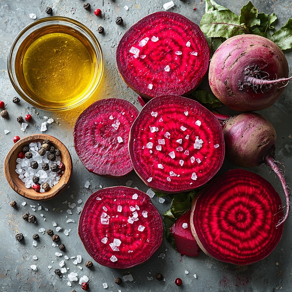 A clean white surface with six fresh raw beets, some whole and some halved to reveal their deep ruby red, earthy interior; a small glass bowl of golden olive oil reflecting the light softly nearby; scattered coarse sea salt crystals and freshly cracked black peppercorns adding texture and contrast; a rustic kitchen knife with a wooden handle placed beside the cut beets; a piece of crinkled parchment paper and a sheet of shiny aluminum foil partially folded at the edge, hinting at the roasting process; subtle natural lighting emphasizing the rich colors and rugged textures of the beets and seasoning, styled with minimal props to keep focus on the ingredients, clean and elegant composition with balanced spacing and negative space for breathing room; overhead shot, top down view, flat lay photography, professional food styling --ar 1:1 --q 2 --s 750 --v 6.1
