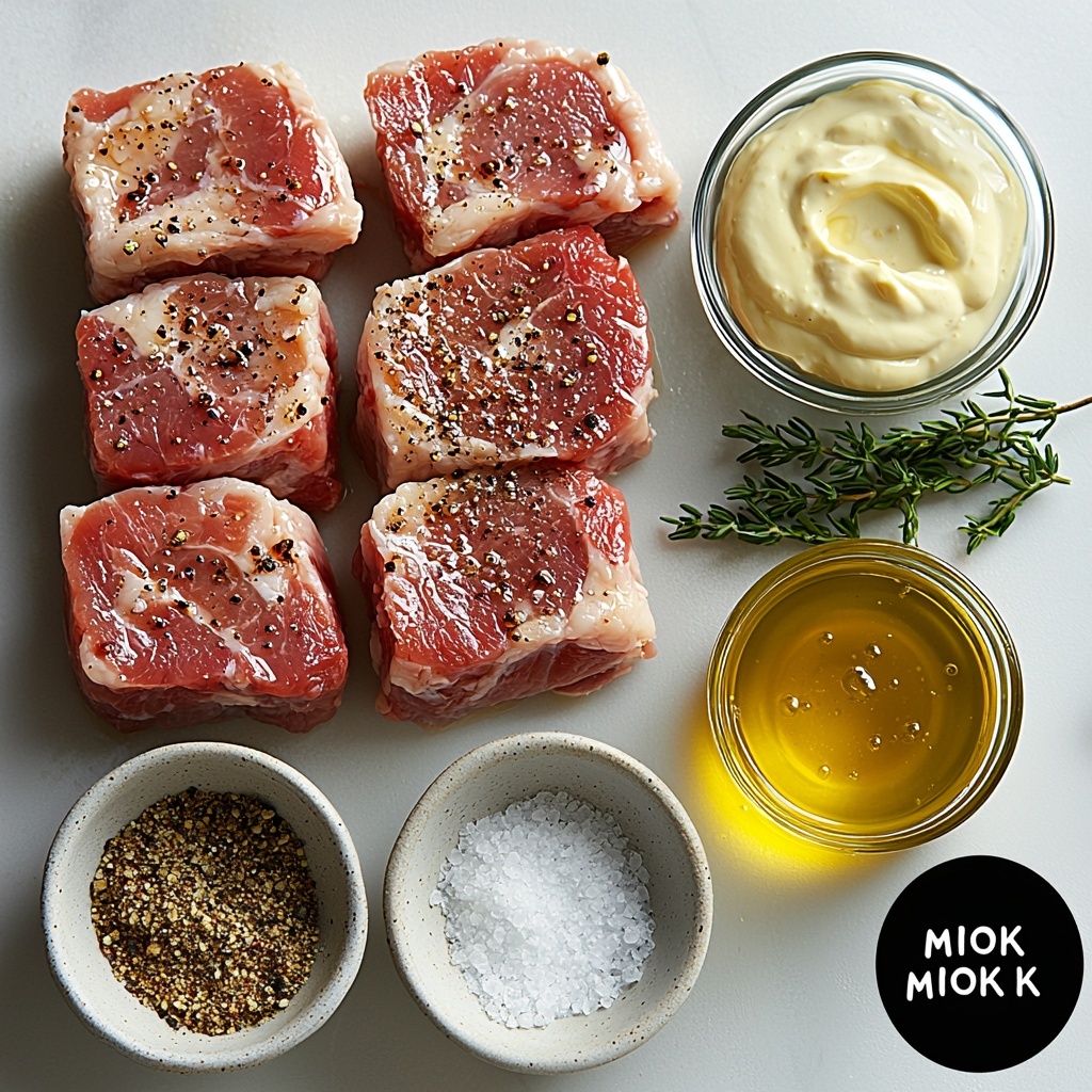 /Imagine prompt: A clean, bright white surface with the main ingredients for Honey Mustard Pork Chops meticulously arranged in a flat lay style. Four raw pork chops, pale pink with a subtle marbling of fat, are neatly fanned out on one side, seasoned lightly with coarse salt and freshly cracked black pepper. Nearby, a small glass bowl of creamy, pale off-white mayonnaise with a smooth texture catches the light. Next to it, a clear jar of rich golden honey glistens with viscosity. A small rustic ceramic bowl holds smooth, mustard-yellow Dijon mustard with a slightly grainy texture. Scattered artfully around are tiny piles of warm reddish-brown smoked paprika powder, fine white garlic powder, coarse sea salt crystals, ground black pepper flecks, and a tiny pinch of bright red cayenne pepper powder. A small glass dish contains pale yellow neutral avocado oil. The ingredients are spaced evenly, balanced in color and texture contrasts, with a mix of natural light casting soft shadows to highlight the textures and vibrant natural tones. Minimalist styling with a focus on freshness and clarity, no clutter in the frame, perfect for a professional food photography flat lay. Overhead shot, top down view, flat lay photography, professional food styling --ar 1:1 --q 2 --s 750 --v 6.1