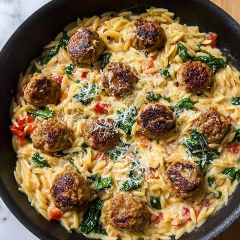 One Pan Tuscan Chicken Meatballs and Orzo Recipe