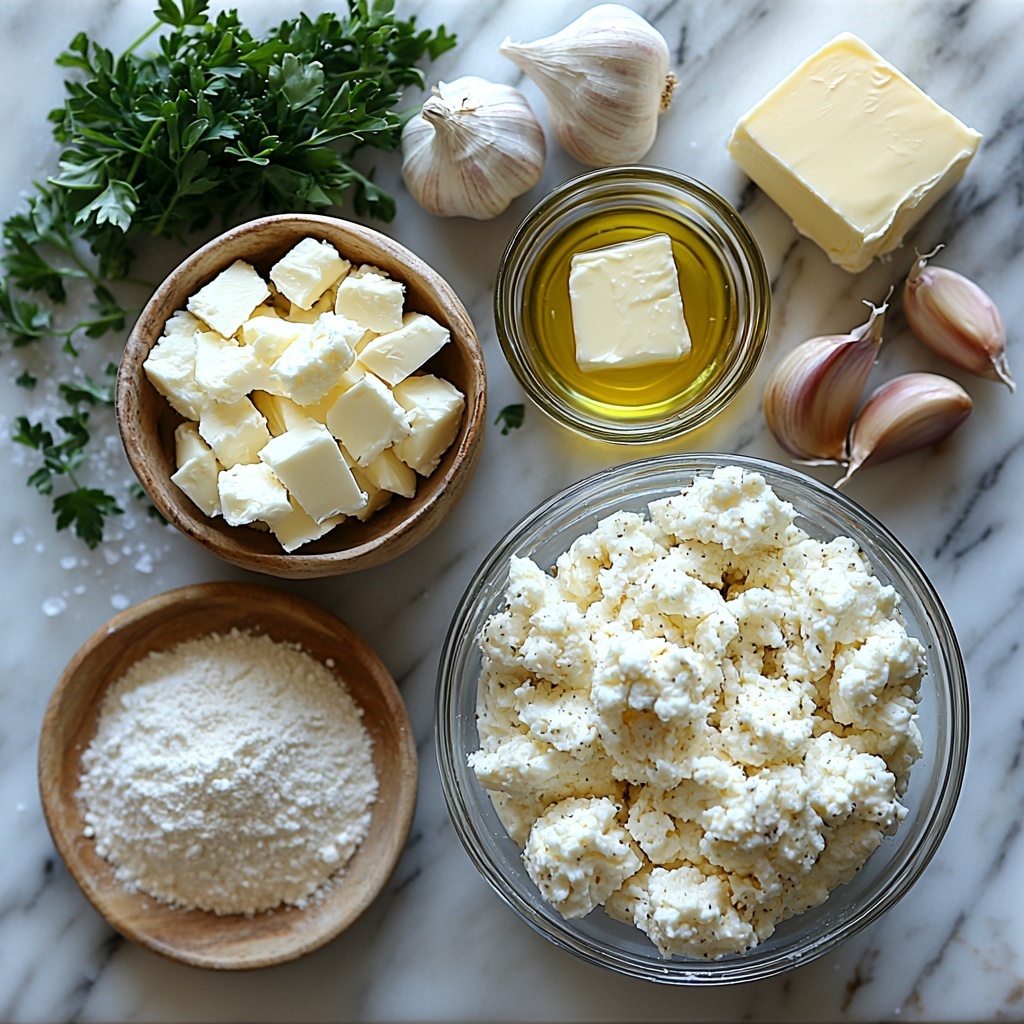 a clean white marble surface neatly arranged with the main ingredients for garlic knots: a clear glass bowl of warm water with sugar and frothy yeast, a small mound of fine all-purpose flour in soft white powder form, a shallow dish of golden olive oil, a small pat of pale unsalted butter beside a bowl containing minced garlic cloves with their creamy off-white color and slightly wet texture, a bunch of fresh bright green chopped parsley scattered lightly nearby, a small heap of dried oregano with muted green-gray tones, and a few whole garlic cloves still in their papery skins. Scattered grains of white salt and a small wooden spoon add rustic charm. The ingredients are spaced evenly with natural light casting soft shadows, highlighting the variety of textures from powdery flour to glossy oil. The composition is minimalist yet rich with earthy tones and fresh colors, styled for a cozy home kitchen vibe. overhead shot, top down view, flat lay photography, professional food styling --ar 1:1 --q 2 --s 750 --v 6.1