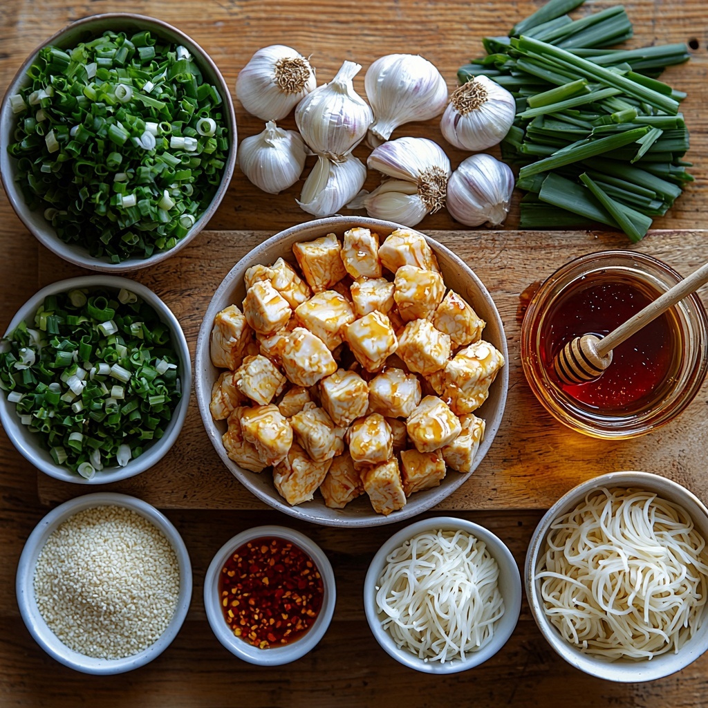 a flat lay overhead shot of main ingredients for sticky garlic chicken noodles arranged neatly on a clean, light wooden surface, featuring bite-sized raw chicken pieces in a small white bowl, a small glass dish of dark soy sauce glistening, a honey jar with golden honey drizzled on a spoon, several peeled garlic cloves and a small pile of minced garlic nearby with a small piece of fresh ginger root and a heap of grated ginger on a wooden board, red chili flakes sprinkled delicately in a tiny white ceramic bowl, a mound of fine white cornstarch in a shallow dish, a small cup of clear vegetable oil with a glossy surface, uncooked rice noodles in a loose nest showcasing their pale, smooth texture, fresh chopped green onions with bright green and white hues scattered elegantly, and a small white ceramic bowl filled with shiny sesame seeds, all arranged with balance and breathing space, emphasizing natural colors and contrasting textures, styled with soft natural light casting gentle shadows, emphasizing freshness and quality ingredients, minimalist and clean presentation, overhead shot, top down view, flat lay photography, professional food styling --ar 1:1 --q 2 --s 750 --v 6.1