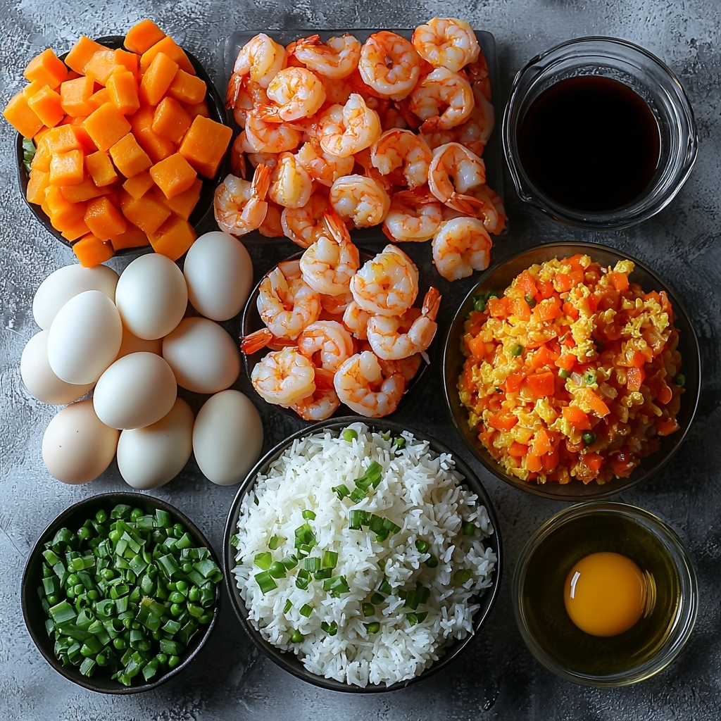 A clean white surface showcasing flat lay arrangement of main ingredients for shrimp fried rice: a small bowl of perfectly cooked fluffy white rice, a pile of raw pink and translucent peeled and deveined shrimp, vibrant chopped green onions scattered nearby, a small mound of mixed vegetables featuring bright orange carrot cubes and green peas, a glass bowl with two beaten golden eggs, finely chopped white onion pieces, minced garlic cloves arranged in a neat cluster, a small dish of dark glossy soy sauce, a tiny bowl with golden vegetable oil, a small container holding rich amber sesame oil, and a sprinkle of coarse salt and cracked black peppercorns artfully placed. The ingredients are spaced evenly with subtle shadows, highlighting vivid colors and varied textures – smooth shrimp, fluffy rice grains, glossy sauces, and crisp vegetables. Clean, bright natural lighting enhances freshness and detail. Overhead shot, top down view, flat lay photography, professional food styling --ar 1:1 --q 2 --s 750 --v 6.1