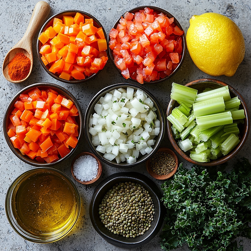 /Imagine prompt: A vibrant flat lay of Healthy Mediterranean Lentil Soup ingredients artfully arranged on a clean white surface. In the center, a small glass bowl of golden olive oil shines next to a pile of finely chopped white onion. Nearby, peeled and diced bright orange carrots and fresh pale green celery stalks are neatly grouped. Two tablespoons of rich, deep red tomato paste sit in a small ceramic dish. Five plump garlic cloves, minced, lie beside rustic wooden spoons holding warm-toned ground cumin, dried oregano, dried basil, dried thyme, and a pinch of deep red smoked paprika, each herb showcasing distinct textures from flaky to powdery. A small bowl of coarse sea salt and a pepper mill with freshly ground black pepper add subtle contrast. A can of diced tomatoes—vivid reds and oranges—rests open with juicy chunks spilling slightly. A large glass container holds golden vegetable broth, translucent and inviting. A small bowl of rinsed brown and green lentils shows their smooth, earthy tones. Deep green chopped kale leaves with crisp edges create lush texture. A halved bright yellow lemon gleams with juice droplets on its surface. The ingredients are spaced evenly with natural light highlighting their fresh colors and rich textures, shadows soft and diffused. Overhead shot, top down view, flat lay photography, professional food styling --ar 1:1 --q 2 --s 750 --v 6.1