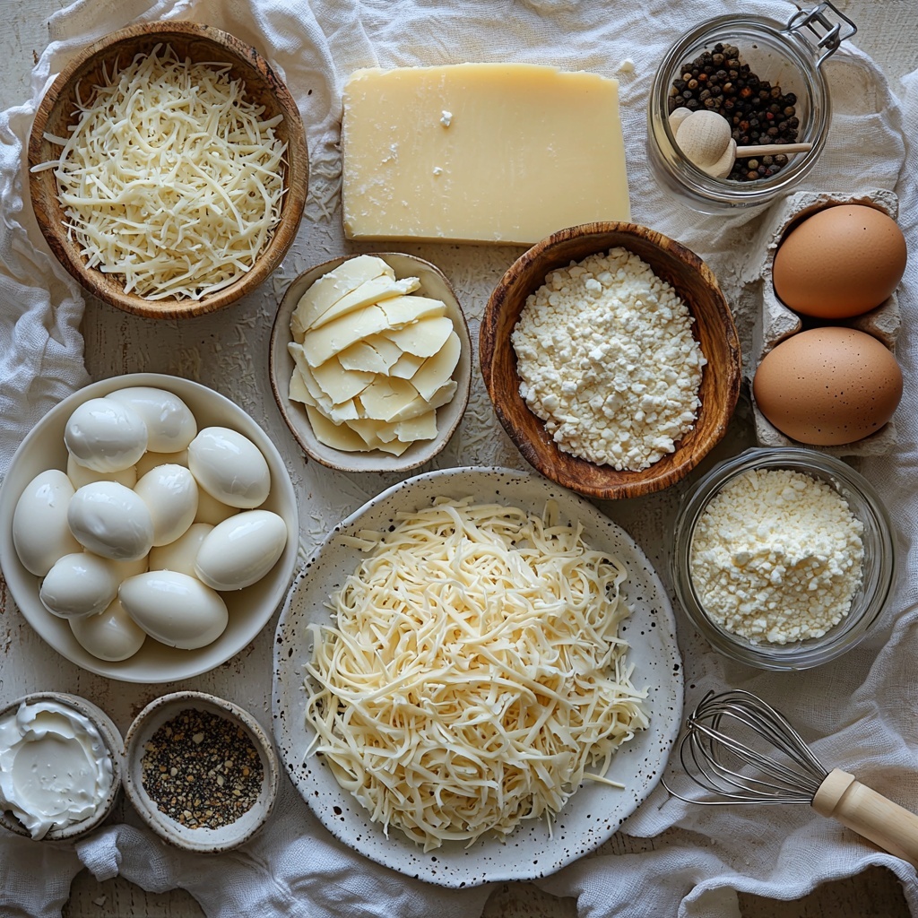 A clean, minimalist white surface neatly arranged with the main ingredients for cheesy carnivore bread: a small bowl overflowing with shredded mozzarella cheese showing its soft, stringy texture; a smooth block of cream cheese on a white ceramic plate; two fresh large eggs with smooth, brown shells placed beside a whisk; a rustic wooden bowl filled with fine, pale almond flour; a small glass jar of baking powder with a tiny wooden scoop; small white ramekins containing finely ground garlic powder and onion powder, each with delicate texture; a tiny salt cellar and a mill of black peppercorns showcasing contrasting colors; a small bowl with grated Parmesan cheese, its granular texture catching light. All items spaced evenly and arranged in a harmonious semi-circle. Soft natural lighting highlights the creamy whites and subtle earthy tones, with gentle shadows adding depth. Styling includes a crumpled white linen napkin and a simple wooden spoon to add warmth, emphasizing texture and freshness. Overhead shot, top down view, flat lay photography, professional food styling --ar 1:1 --q 2 --s 750 --v 6.1