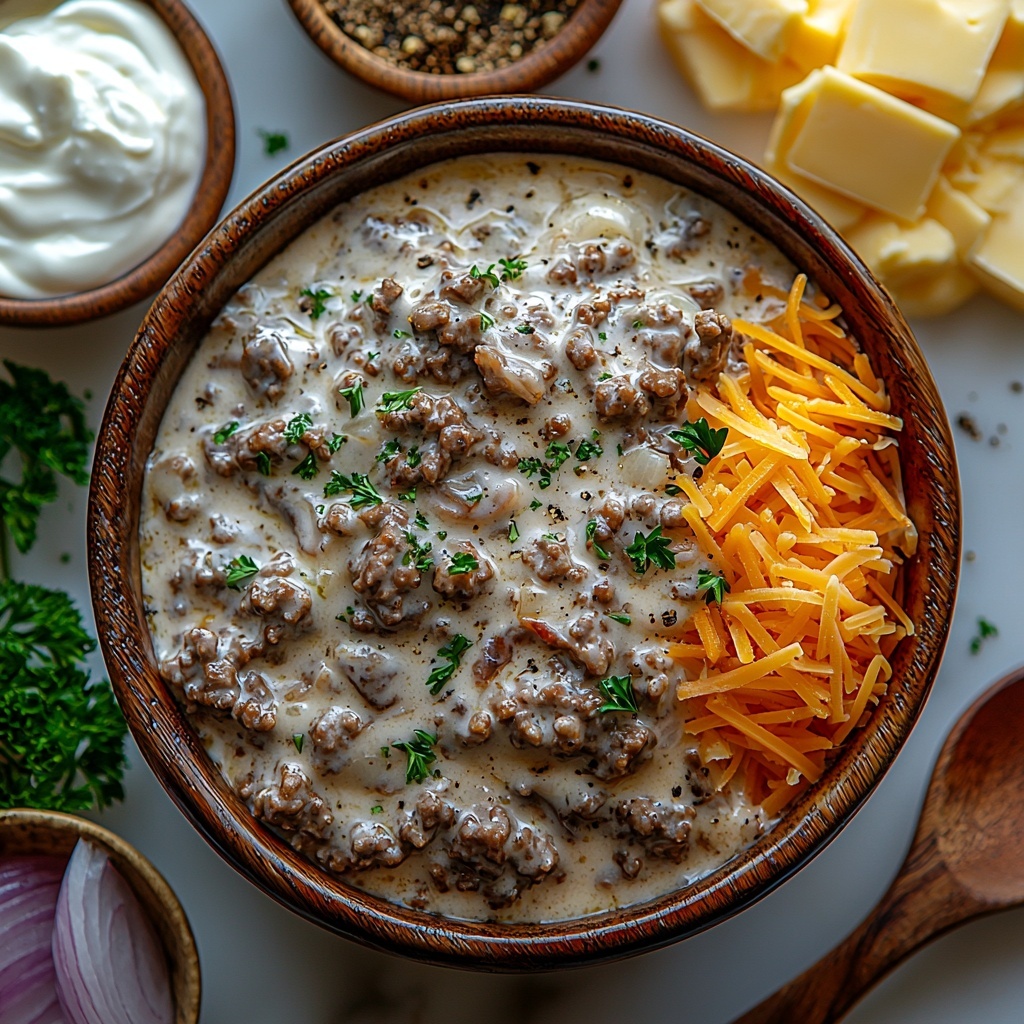ground beef in a small rustic bowl showing rich reddish-brown color and crumbly texture, finely chopped onion piled neatly nearby with white and light purple hues, a mound of thawed frozen shredded hash browns displaying pale golden strands, an opened can of cream of mushroom soup with creamy beige texture and visible mushroom pieces, a smooth white bowl filled with thick sour cream, shredded cheddar cheese loosely scattered in two piles showing bright orange and yellow hues with a slightly crumbly texture, small glass bowls containing garlic powder, salt, black pepper, and paprika each with fine powder textures in off-white, white, black, and rusty red hues respectively, a small dish of melted butter glistening golden yellow with a smooth surface, fresh chopped parsley scattered artfully for a pop of vibrant green color; all ingredients carefully arranged with balanced spacing on a clean white marble surface enhancing natural colors and textures, soft natural light casting gentle shadows, slight depth of field bringing focus to textures, minimalist rustic styling with wooden spoon and linen napkin placed subtly on the edge, overhead shot, top down view, flat lay photography, professional food styling --ar 1:1 --q 2 --s 750 --v 6.1