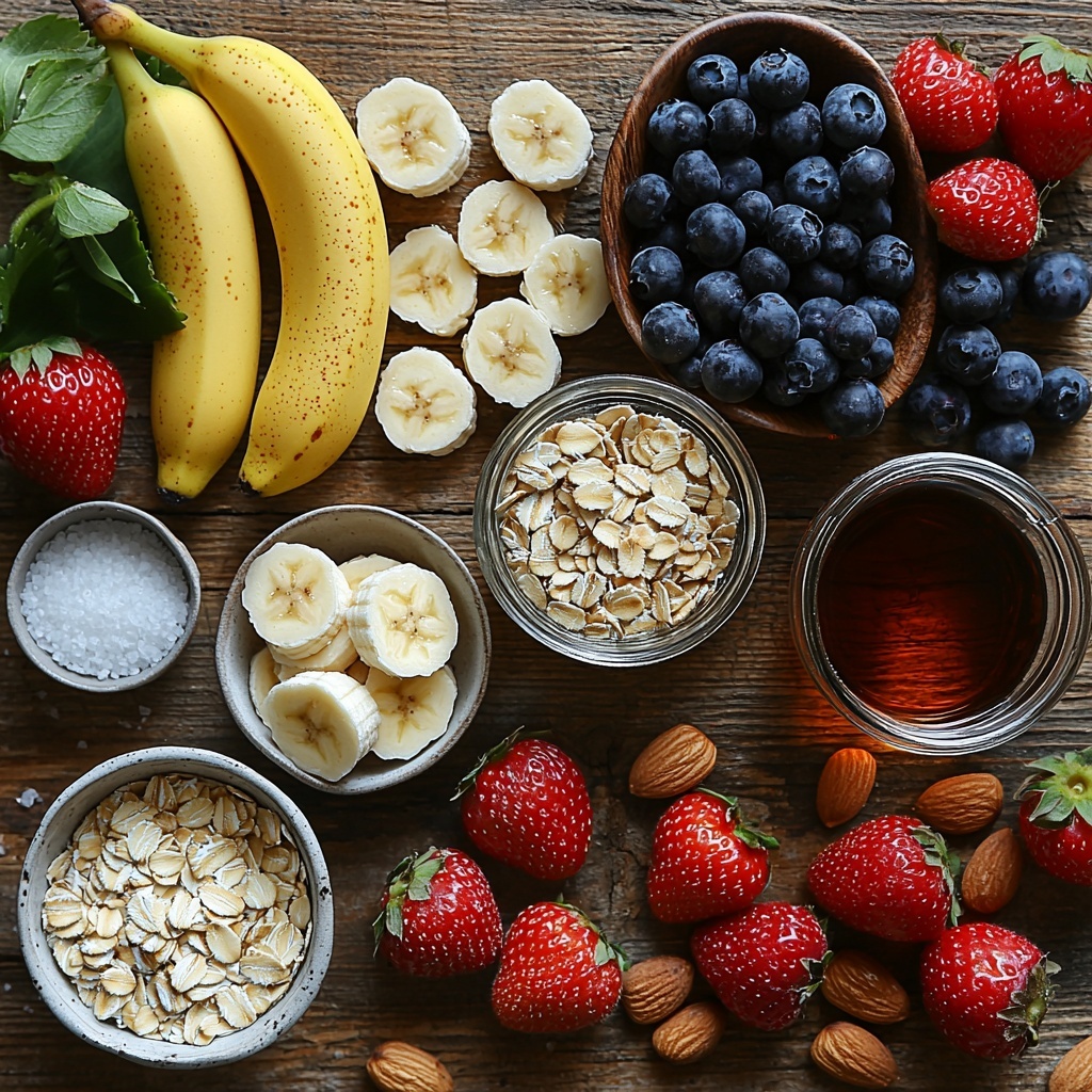 A clean, bright wooden surface neatly arranged with the main ingredients for banana oatmeal pancakes: a small glass measuring cup of creamy unsweetened almond milk, two fresh brown eggs alongside one separate egg white in a clear small bowl, a ripe whole banana with smooth yellow skin next to a small bowl of fresh banana slices. Nearby, a rustic white bowl filled with rolled gluten-free oats showing their rough, textured surface, a small dish of fine white baking powder, and a tiny dish of coarse sea salt. A small glass jar filled with golden 100% real maple syrup glistening in warm light, a delicate ceramic spoon holding melted butter or coconut oil, and a small bowl of vibrant mixed fresh berries (red strawberries, blue blueberries, and blackberries) adding pops of color. Also included are a scattering of pale sliced almonds and a small bowl of semi-sweet chocolate chips with a glossy finish. The ingredients are artfully spaced with natural textures and earthy tones, enhanced by soft, natural lighting that casts gentle shadows to bring out the contrast in colors and shapes. The styling is minimal yet inviting, with a few fresh green leaves subtly placed for a fresh, wholesome feel. Overhead shot, top down view, flat lay photography, professional food styling --ar 1:1 --q 2 --s 750 --v 6.1