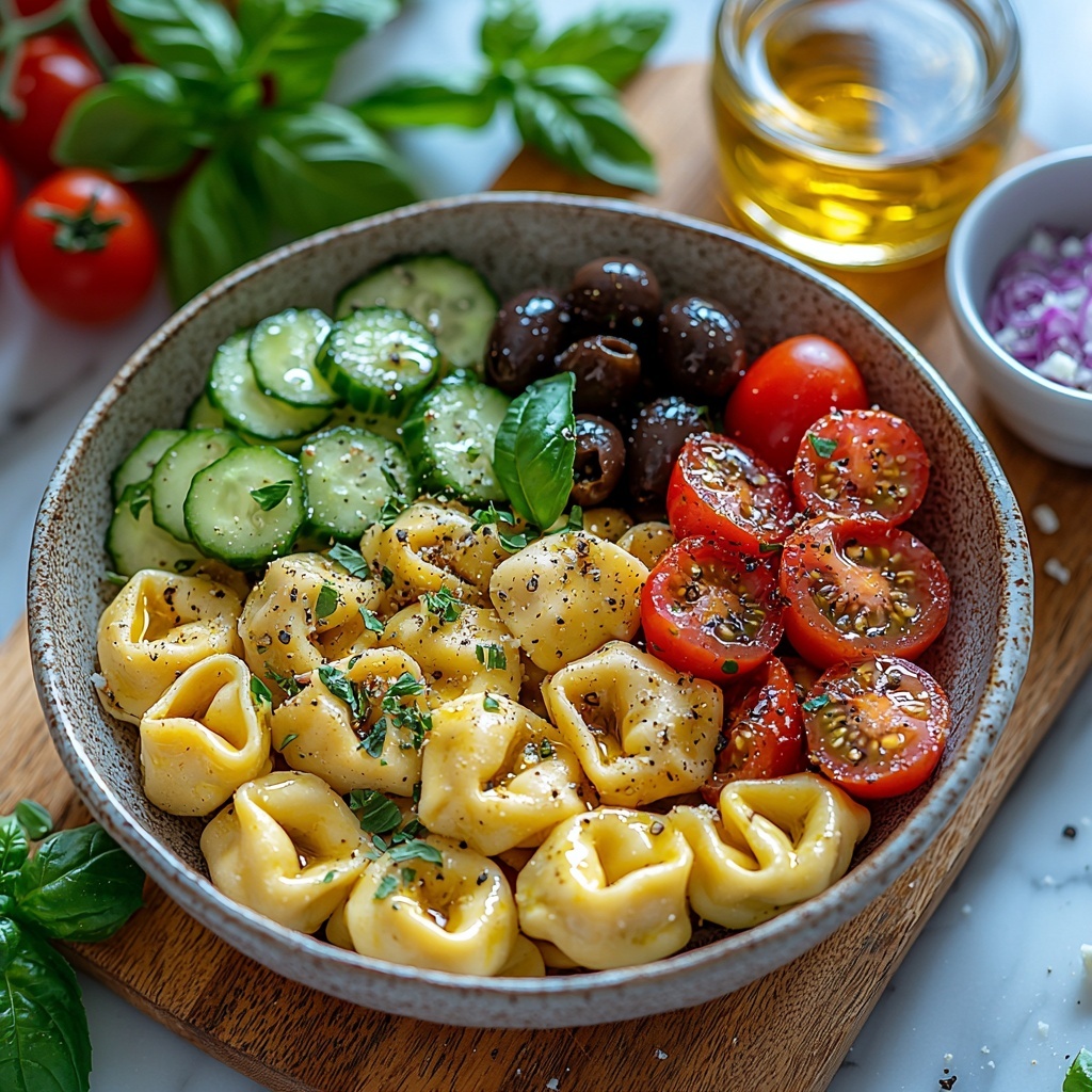 Cheese tortellini uncooked in a small rustic bowl, bright red halved cherry tomatoes scattered nearby, diced bright green cucumber pieces arranged in a neat pile, shiny black sliced olives in a tiny white dish, finely diced vibrant purple-red onion grouped carefully, fresh chopped emerald green basil leaves spread loosely, crumbly white feta cheese sprinkled artfully on a wooden board, a small glass bowl with golden olive oil shimmering, a delicate small bowl of deep red wine vinegar, coarse salt and cracked black peppercorns in miniature bowls, all placed on a clean light marble surface with soft natural lighting and subtle shadows, colors vivid and textures contrasting — overhead shot, top down view, flat lay photography, professional food styling --ar 1:1 --q 2 --s 750 --v 6.1