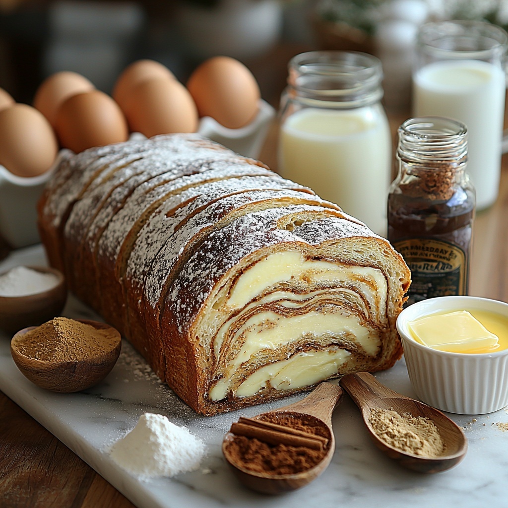 cinnamon swirl bread slices arranged in a fan shape, large brown eggs in a small rustic bowl, a glass cup filled with creamy white milk, small glass bottles with vanilla extract, ground cinnamon and ground nutmeg in tiny wooden spoons showing their warm brown and beige tones, a pat of golden butter on a vintage dish, powdered sugar in a delicate white ceramic bowl with a fine texture, milk and vanilla mixed in a small clear bowl, all ingredients laid out neatly on a clean white marble surface with soft natural light enhancing the warm tones and subtle textures, balanced composition with space between each element, slight shadows for depth, minimalistic styling with a cozy breakfast vibe, fresh and inviting atmosphere, overhead shot, top down view, flat lay photography, professional food styling --ar 1:1 --q 2 --s 750 --v 6.1