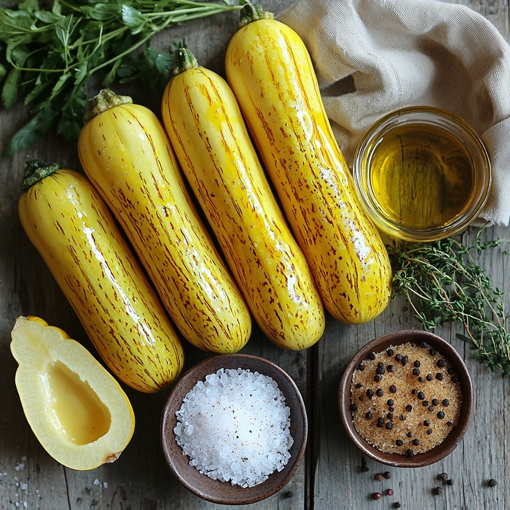 A clean, light wooden surface featuring four whole delicata squashes with their characteristic pale yellow skin and green stripes, two halves of delicata squash showing the orange pulp and seeds inside, a small glass bowl of golden olive oil, a small dish of melted coconut oil with a smooth, glossy texture, scattered coarse sea salt crystals, a tiny pile of ground black pepper with its speckled dark texture, a small mound of warm brown light brown sugar granules, and a delicate sprinkle of fine cinnamon powder. The ingredients are artfully arranged in a balanced, natural composition with a mix of whole and cut squash pieces to showcase textures—smooth skin, fibrous pulp, and glossy oils—contrasted by the coarse seasoning grains. Soft, natural daylight gently illuminating the scene, creating subtle shadows and highlighting the colors and textures. Minimalist styling with a few sprigs of fresh herbs for a touch of green accent, neutral linen napkin partially visible at the edge for warmth and depth. Overhead shot, top down view, flat lay photography, professional food styling --ar 1:1 --q 2 --s 750 --v 6.1