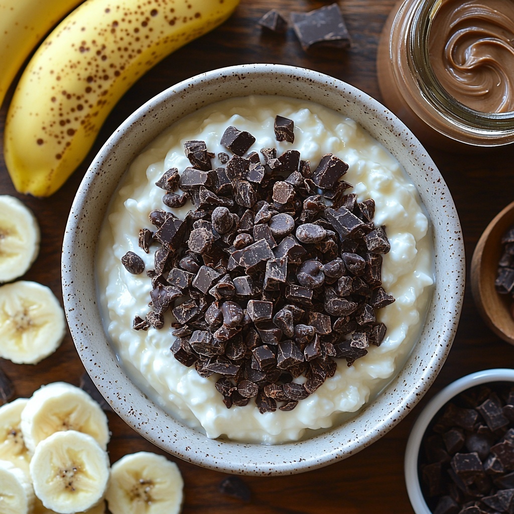 plain Greek yogurt in a small white bowl, creamy and smooth texture; dark brown cocoa powder in a small rustic ceramic dish, fine and powdery; chocolate protein powder in a glass jar, rich brown and slightly granular; golden maple syrup in a small glass drizzle pitcher catching light; chocolate granola scattered loosely in a wooden scoop, crunchy clusters with dark chocolate chunks; fresh banana slices arranged in a neat semi-circle on a white ceramic plate, soft yellow with speckled texture; glossy swirl of nut butter (peanut or almond) on a small white saucer showing creamy, thick texture; all ingredients placed artfully on a clean light wooden surface with soft natural daylight, subtle shadows enhancing textures, neutral background for contrast, minimal props, gentle warm tones to emphasize richness and freshness — overhead shot, top down view, flat lay photography, professional food styling --ar 1:1 --q 2 --s 750 --v 6.1