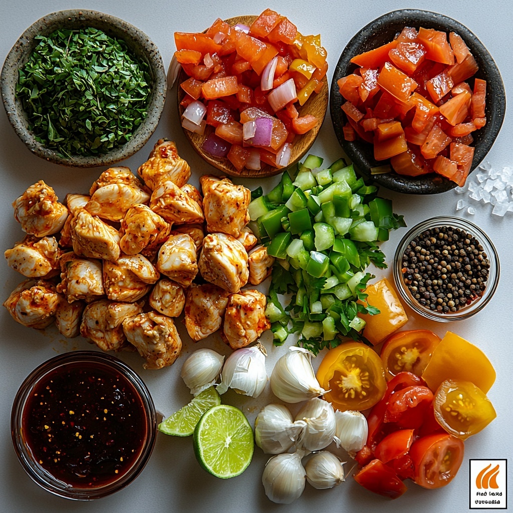A vibrant flat lay of the main ingredients for Jamaican Brown Stew Chicken arranged neatly on a clean white surface: bone-in chicken chunks with a subtle sheen of lime juice, a small bowl of dark browning sauce, a medium onion sliced into thin rings showing crisp white and purple layers, bright red and green bell pepper slices fanned out, chopped green scallions scattered around, minced white garlic cloves in a small pile, freshly grated pale yellow ginger, a fresh green sprig of thyme alongside a small heap of dried thyme, rustic whole allspice berries and a dusting of deep red paprika on a wooden spoon, one whole fiery red Scotch bonnet pepper, a small glass bowl of golden vegetable oil catching light, a small mound of rich brown sugar with crystalline texture, a bowl of clear chicken broth with a subtle golden tint, bright red chopped tomato pieces, a small dish of glossy red ketchup, salt and pepper grains casually sprinkled, and a halved lime showing vibrant green flesh. The textures and colors contrast beautifully, arranged with deliberate spacing for balance, soft natural lighting highlighting freshness and depth, subtle shadows adding dimension, minimal props to keep focus on ingredients, styled in a clean, inviting, and organized composition. Overhead shot, top down view, flat lay photography, professional food styling --ar 1:1 --q 2 --s 750 --v 6.1