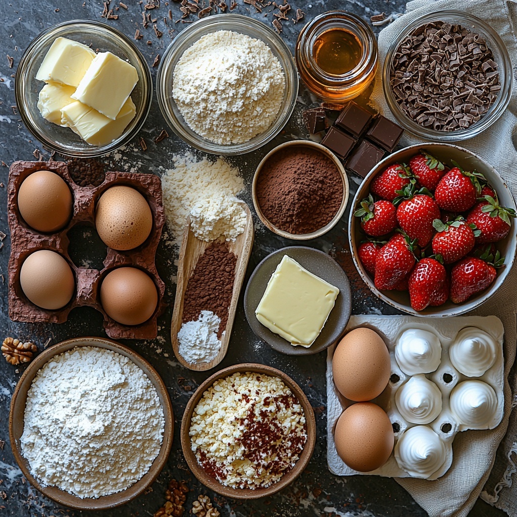 A clean, bright surface displaying a flat lay of Neapolitan Layer Cake ingredients arranged neatly in a balanced composition. Include 1 cup all-purpose flour in a small white bowl with a light dusting scattered nearby, 1 cup granulated sugar in a clear glass jar with some sugar crystals spilled artfully, 1/2 cup rich dark unsweetened cocoa powder in a rustic ceramic bowl showing its velvety texture, 1/2 cup unsalted butter softened and partially sliced on a wooden butter paddle, 3 large fresh brown eggs with smooth shells grouped close together, 1/2 cup creamy milk in a delicate glass jug catching soft light, 1 teaspoon vanilla extract in a small amber bottle with a wooden cork, 1 teaspoon baking powder and 1/2 teaspoon salt in tiny white porcelain spoons, 1 cup vibrant red strawberry puree in a small transparent bowl showcasing its glossy smooth surface, and 1 cup fluffy whipped cream dolloped lightly in a white ramekin with soft peaks visible. Surround ingredients with subtle natural props like a linen napkin and a wooden spoon to add warmth. The color palette combines neutral tones with pops of rich chocolate brown and fresh strawberry red, emphasizing textures from powdery to creamy. Soft natural light highlights the fresh, inviting quality of each component. Overhead shot, top down view, flat lay photography, professional food styling --ar 1:1 --q 2 --s 750 --v 6.1