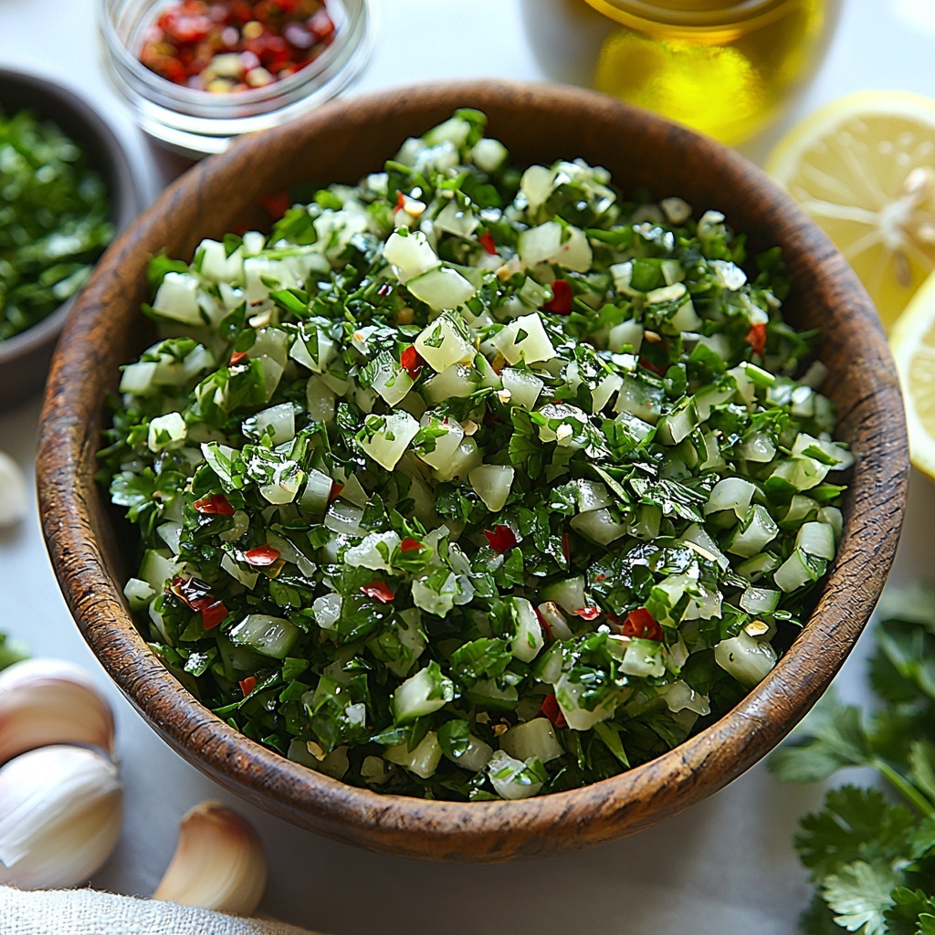fresh flat-leaf parsley finely chopped in a small rustic wooden bowl with vibrant green hues, three whole garlic cloves and a small pile of finely minced garlic placed neatly on a white ceramic plate, dried oregano sprinkled in a tiny glass jar alongside a small heap of fresh chopped oregano leaves on a minimalist dark slate board, a small bowl with bright red pepper flakes next to a pile of coarse kosher salt crystals on a clean white linen napkin, a clear glass measuring cup filled with deep red wine vinegar reflecting light, a small clear glass bowl of golden extra-virgin olive oil glistening under soft natural light, a lemon wedge with bright yellow color placed beside a tiny dish of finely chopped cilantro with fresh green tones, all ingredients arranged thoughtfully and spaced evenly on a pristine white smooth countertop with soft shadows, natural daylight, subtle rustic touches like a wooden spoon and linen cloth nearby, vibrant colors and varied textures emphasized for contrast and appeal, minimalistic and clean styling emphasizing freshness and authenticity, overhead shot, top down view, flat lay photography, professional food styling --ar 1:1 --q 2 --s 750 --v 6.1