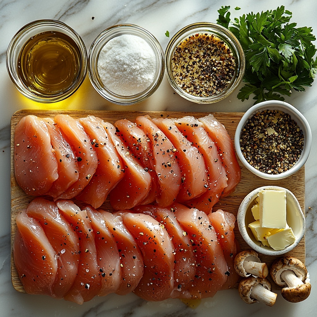 4 boneless, skinless chicken breasts raw, pale pink with smooth texture, arranged side by side on a clean white marble surface; next to them a neat pile of all-purpose flour in a small glass bowl, bright white and fine; scattered grains of salt and black pepper in small white porcelain spoons; a small clear glass bowl with golden olive oil catching the light; a rustic wooden cutting board holding 8 ounces of fresh cremini mushrooms sliced, rich brown with creamy white interiors; a small white ramekin with minced garlic, finely chopped and off-white; a small glass cup filled with amber dry Marsala wine, translucent; another small bowl containing light golden chicken broth; a sleek butter dish with 2 tablespoons of unsalted butter, pale yellow and slightly softened; a bunch of fresh bright green parsley leaves, roughly chopped, sprinkled lightly around for garnish effect. The ingredients are thoughtfully spaced with a mix of textures and natural colors contrasting against the smooth marble backdrop, styled to evoke freshness and culinary warmth. Soft natural lighting creates gentle shadows and highlights the varying textures, minimalistic and elegant composition, overhead shot, top down view, flat lay photography, professional food styling --ar 1:1 --q 2 --s 750 --v 6.1