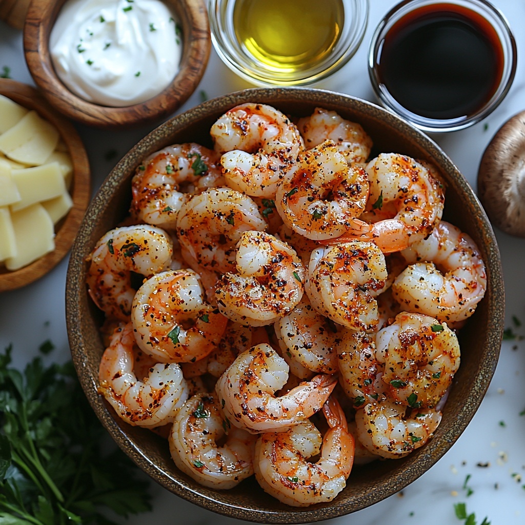 Blackened shrimp (large, peeled and deveined) coated with deep red-blackened seasoning in a small bowl, shiny golden olive oil in a glass dish, finely chopped translucent onion piled neatly, minced garlic cloves arranged in a small cluster, smooth sliced pale brown mushrooms fanned out, a cup of rich white heavy cream in a ceramic measuring cup, clear light brown chicken broth in a glass container, small spoonful of creamy yellow Dijon mustard on a white dish, dark glossy Worcestershire sauce in a tiny dish, a bowl of fluffy cooked pale yellow pasta or rice, vibrant fresh green chopped parsley scattered artfully nearby, salt and pepper in rustic wooden bowls, all ingredients spaced evenly on a clean white marble surface with soft natural light casting gentle shadows for texture contrast, colorful yet harmonious palette, sharp focus highlighting textures and freshness, styled with minimal rustic props and natural linen linen napkin, overhead shot, top down view, flat lay photography, professional food styling --ar 1:1 --q 2 --s 750 --v 6.1