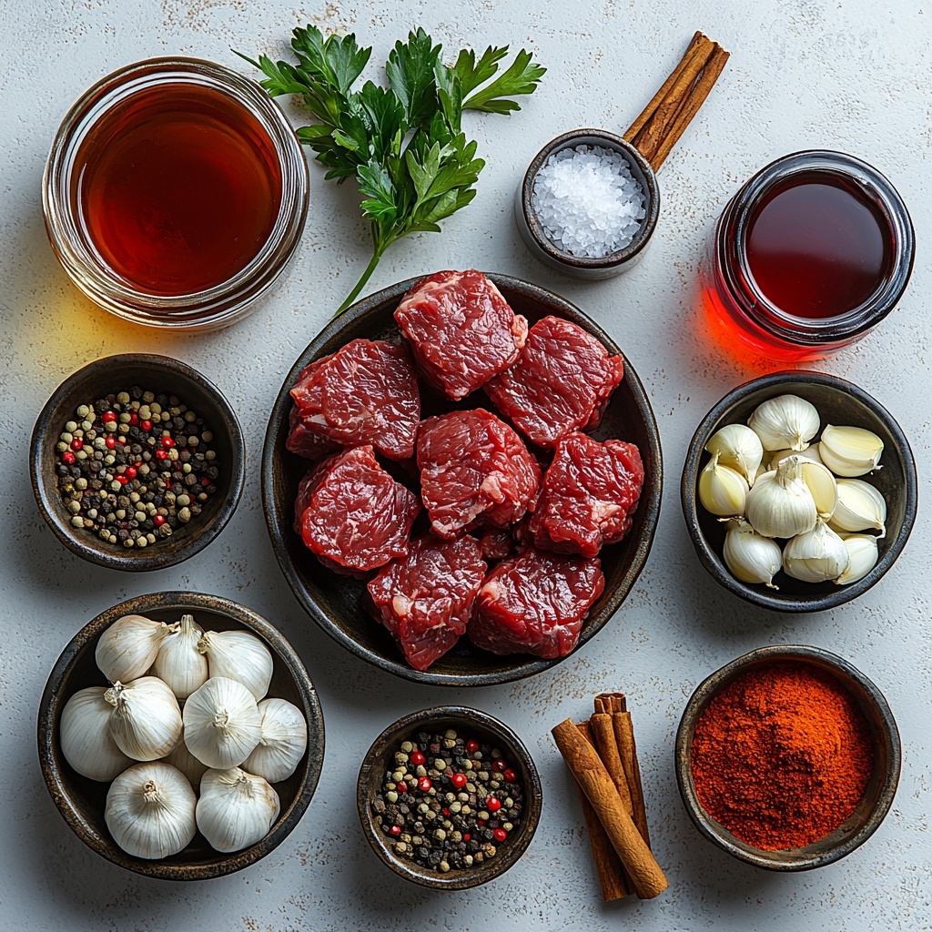 A clean white textured surface with all main ingredients for Greek Beef Stifado arranged neatly in small rustic bowls and loose on the table: large raw beef chuck chunks with rich deep red color and marbling, peeled glossy pearl onions in a small bowl, fresh garlic cloves minced and whole scattered nearby, a small glass jar of deep ruby red olive oil, a clear glass cup with dark red wine, a small bowl with vibrant red crushed tomatoes and thick tomato paste, two whole bay leaves and a cinnamon stick laid artistically, small piles of golden ground cloves, warm brown allspice powder, and dried oregano herbs in tiny bowls, coarse sea salt and cracked black peppercorns sprinkled subtly on the surface, and a bunch of fresh bright green parsley leaves for garnish. Soft natural light highlights the varied textures: the smoothness of onions, the rough beef surface, the powdery spices, and the glossy liquids. The ingredients are spaced evenly with harmonious color contrast and a minimalistic, rustic Mediterranean vibe. Overhead shot, top down view, flat lay photography, professional food styling --ar 1:1 --q 2 --s 750 --v 6.1