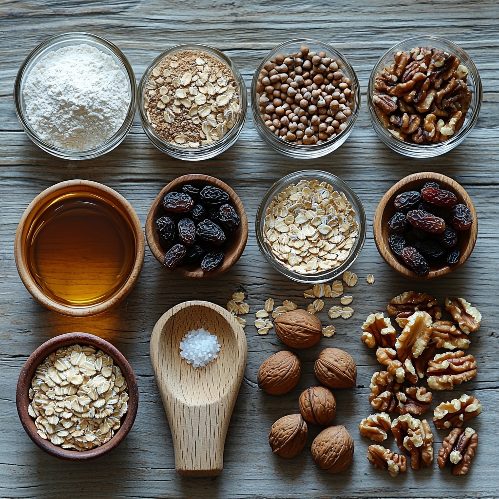 Rolled oats in a small rustic ceramic bowl, whole wheat flour in a neat pile with a wooden scoop resting on top, small glass bowls containing baking soda, ground cinnamon, and salt arranged in a row displaying fine powders in soft whites and warm browns. A small dish with melted golden coconut oil or creamy unsalted butter, alongside a clear jar of amber maple syrup or honey catching the light. One large brown egg placed next to a tiny glass bowl of vanilla extract. A cluster of dark raisins or vibrant dried cranberries spilling from a white porcelain bowl, and a separate bowl filled with chopped walnuts or pecans showcasing rich earthy tones and rough textures. All ingredients are laid out in a natural, balanced composition on a clean, light wood surface with soft natural lighting enhancing the warm, wholesome tones and textures. Subtle shadows add depth, with a few loose oats and nuts scattered casually for an inviting, organic look. Overhead shot, top down view, flat lay photography, professional food styling --ar 1:1 --q 2 --s 750 --v 6.1