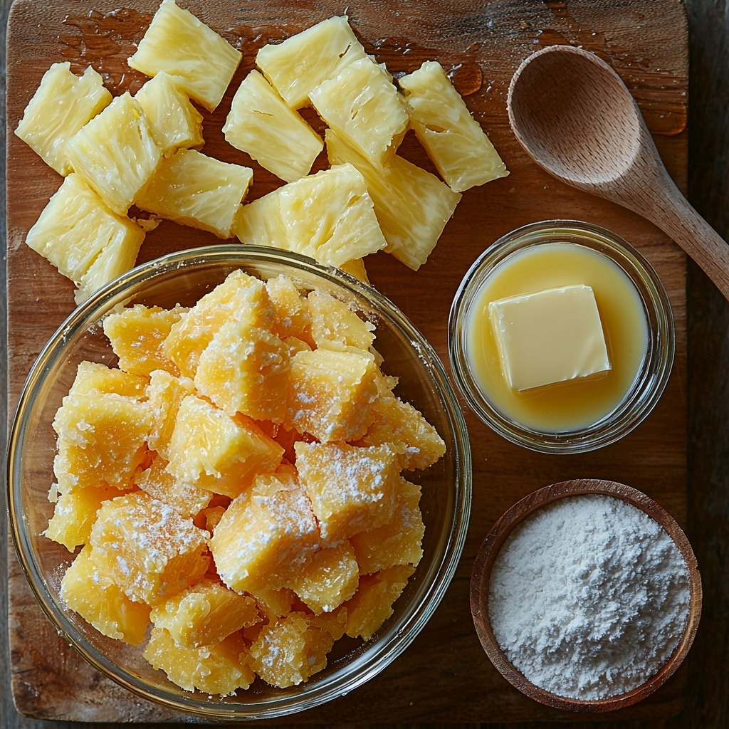 2 cups crushed pineapple with juice in a clear glass bowl showing juicy, golden-yellow fruit pieces and syrup; 1 cup granulated sugar in a small white ceramic dish with fine, sparkling white crystals; 2 large brown eggs with smooth shells resting side by side; 1/4 cup all-purpose flour in a neat pile on a rustic wooden board with soft, powdery texture; 1/2 cup unsalted butter melted in a small glass measuring cup, warm golden liquid with glossy surface; 1 teaspoon vanilla extract in a small amber glass bottle with a delicate label; 1/4 teaspoon salt crystals scattered lightly on a dark slate tile; all ingredients arranged carefully on a clean, light wooden surface with natural morning light casting soft shadows, styled with minimal props like a wooden spoon and a linen napkin for a cozy, inviting feel, colors vibrant and textures contrasting with clear focus on each element, overhead shot, top down view, flat lay photography, professional food styling --ar 1:1 --q 2 --s 750 --v 6.1
