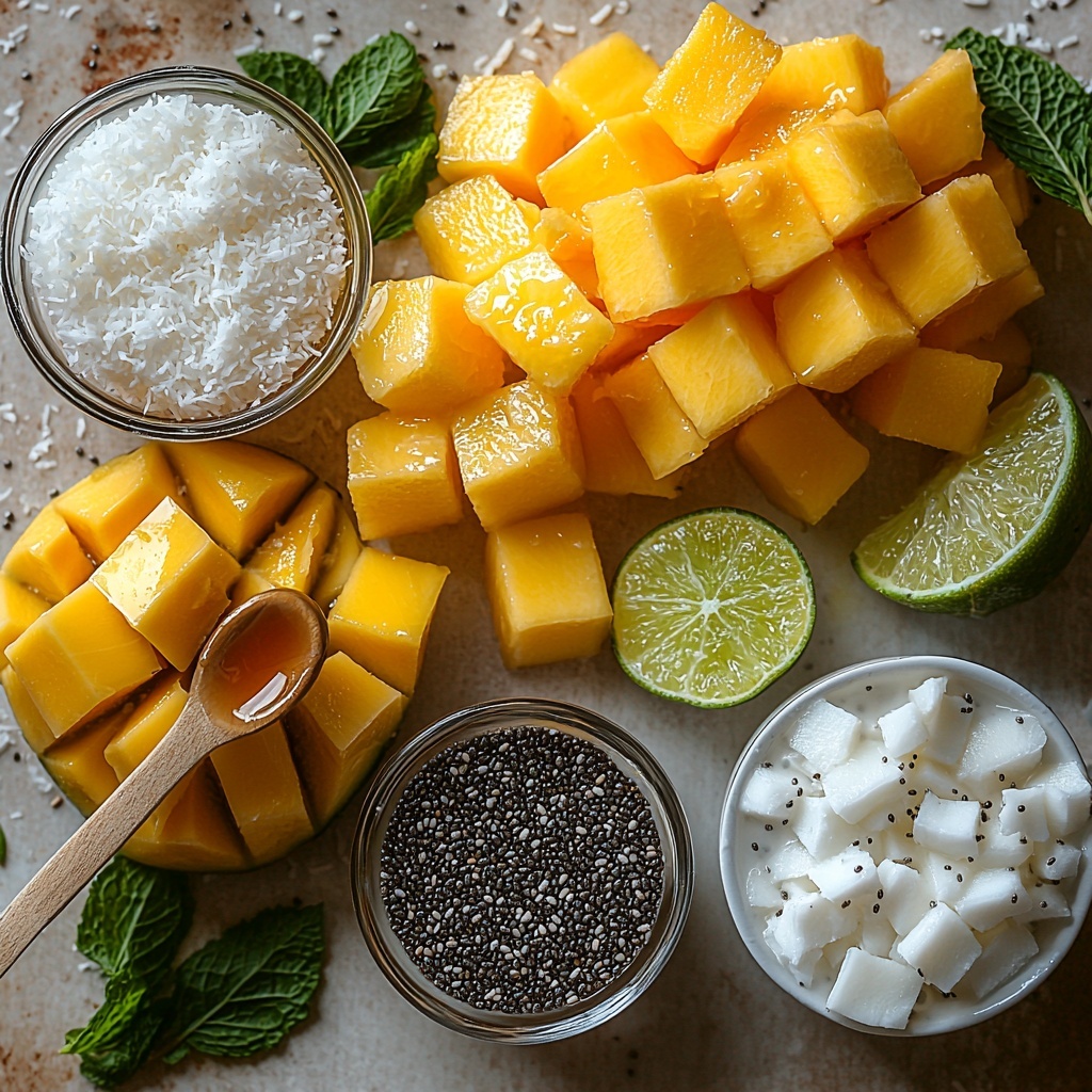 half cup chia seeds in a small glass bowl with visible tiny black and white seeds, two cups creamy unsweetened coconut milk in a clear measuring cup showing smooth white liquid, a small wooden spoon with golden maple syrup dripping slightly, a small glass dish of clear vanilla extract, vibrant cubed fresh mango pieces bright yellow and juicy in a white ceramic bowl, cubed or puréed dragon fruit showing electric pink flesh with black seeds in a separate white bowl, small fresh lime wedge with a glossy surface, scattered white coconut flakes with delicate texture on a clean white tabletop, a few fresh vibrant green mint leaves placed artistically nearby, all ingredients neatly spaced out on a pristine, neutral light surface with soft natural daylight, minimal shadows, subtle rustic props like a linen napkin folded nearby, emphasizing bright tropical colors and contrasting textures, modern minimalist aesthetic, overhead shot, top down view, flat lay photography, professional food styling --ar 1:1 --q 2 --s 750 --v 6.1