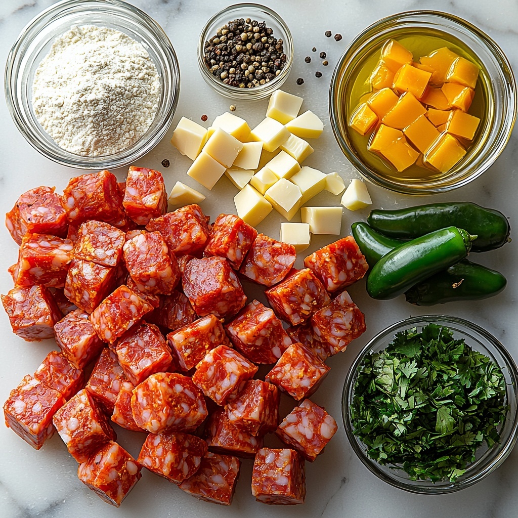 vibrant flat lay of fresh cooking ingredients arranged neatly on a clean white marble surface: a small glass bowl of golden olive oil, a pile of raw fresh chorizo sausage crumbles rich reddish-brown with marbled fat, two peeled garlic cloves finely minced displayed next to a half diced sweet onion with translucent white and pale purple layers, one dark green poblano pepper finely chopped, a small heap of light beige all-purpose flour dusted gently beside a clear measuring cup filled with creamy whole milk, bright red diced Roma tomato cubes, two neat piles of shredded cheese — creamy white Monterey Jack and speckled orange-white Pepper Jack, small bowls of coarse Kosher salt and freshly ground black pepper, a mound of chopped fresh green cilantro leaves with some whole leaves artistically scattered around, and a small glass ramekin filled with vibrant green pickled jalapeno slices. Soft natural light highlights the varied textures from smooth milk and oil to crumbly chorizo and shredded cheese. The composition is clean and balanced with pops of color and contrasting textures arranged organically but thoughtfully spaced for professional food styling — overhead shot, top down view, flat lay photography, professional food styling --ar 1:1 --q 2 --s 750 --v 6.1