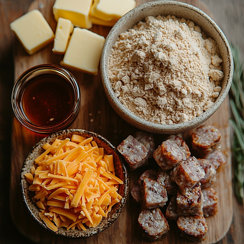 3 cups of pale beige pancake mix in a rustic ceramic bowl, 1 lb of browned breakfast sausage with a rich golden-brown color arranged in a small heap on a wooden cutting board, 1 cup of bright orange shredded cheddar cheese loosely scattered in a clear glass bowl, a small glass ramekin filled with amber-colored syrup reflecting light, several pats of creamy yellow butter on a white butter dish, all carefully spaced on a clean, light wooden surface. Natural soft daylight highlights the textures: the powdery dry pancake mix, the crispy crumbled sausage, the finely shredded cheese, the glossy syrup, and smooth butter. Minimal props, subtle shadows, and fresh rustic styling create a warm, inviting breakfast mood. Overhead shot, top down view, flat lay photography, professional food styling --ar 1:1 --q 2 --s 750 --v 6.1