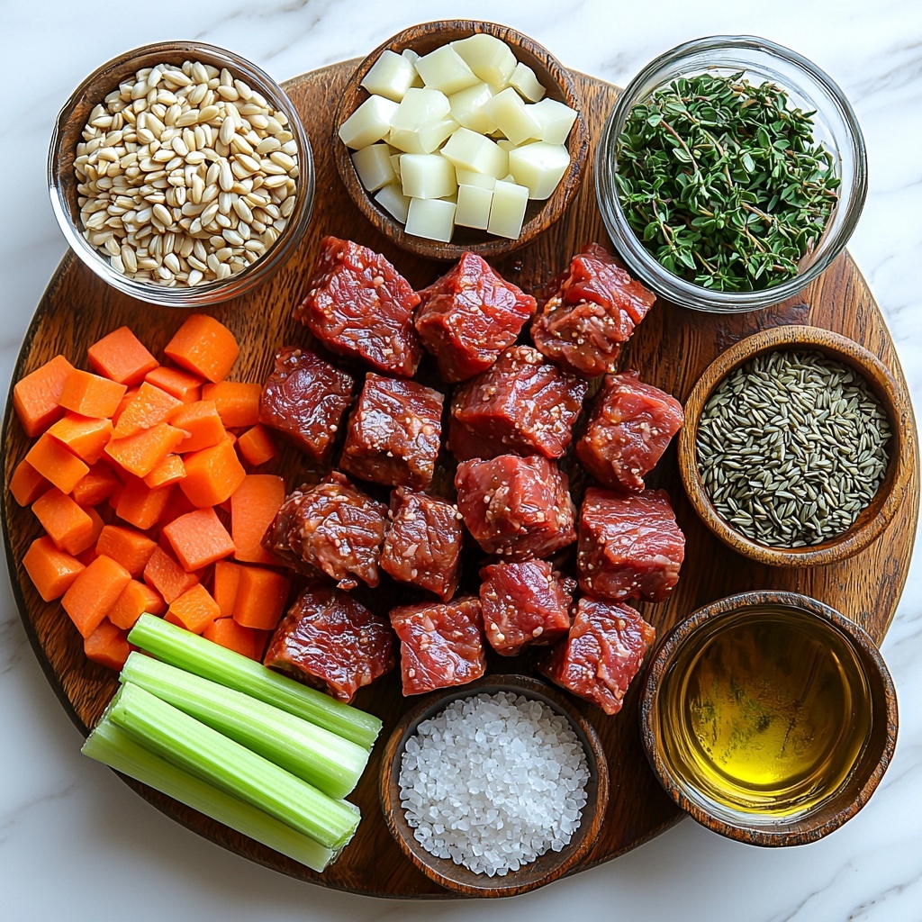 beef stew meat cut into bite-sized pieces with rich red and marbled fat, pearl barley grains scattered loosely in a small rustic bowl, diced bright orange carrots, freshly diced pale green celery stalks, finely diced white onion, peeled garlic cloves minced and arranged neatly, a clear glass jug of golden beef broth catching light, small wooden spoons holding dried thyme and dried rosemary herbs with a single dried bay leaf placed beside them, coarse salt crystals and cracked black peppercorns scattered artfully, a small dish of shimmering olive oil, and a sprig of fresh vibrant green parsley for garnish, all meticulously arranged on a clean white marble surface with soft natural daylight enhancing the warm, earthy tones and contrasting textures, subtle shadows adding depth, overhead shot, top down view, flat lay photography, professional food styling --ar 1:1 --q 2 --s 750 --v 6.1