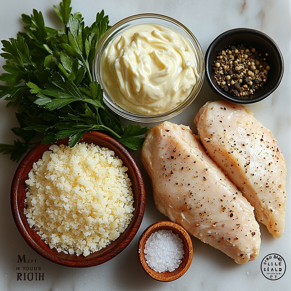 A clean white marble surface with the main ingredients for Melt in Your Mouth Chicken artfully arranged for an overhead flat lay: two large raw boneless skinless chicken breasts, pale pink and smooth, placed side by side near the center; a small glass bowl filled with creamy off-white mayonnaise, glossy and smooth; a small bowl of finely grated Parmesan cheese, soft and powdery, pale yellowish-white; a tiny wooden spoon with garlic powder, fine and light beige; a small ceramic dish with coarse kosher salt crystals sparkling in white; a small black ramekin containing freshly ground black pepper, coarse dark specks visible; a small bunch of bright green chopped fresh parsley leaves scattered gently nearby for a pop of vibrant color; soft natural light highlighting the varied textures and subtle color contrasts; minimal shadows, clean and crisp styling with negative space to emphasize each ingredient’s freshness and detail, rustic modern props in neutral tones, overhead shot, top down view, flat lay photography, professional food styling --ar 1:1 --q 2 --s 750 --v 6.1