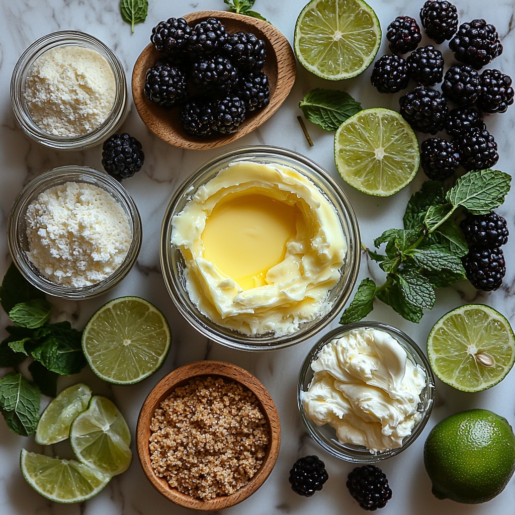 Lemon blueberry cheesecake bars ingredients flat lay: graham cracker crumbs in a small rustic bowl with some crumbs scattered nearby, a small glass bowl of melted unsalted butter showing smooth golden texture, a wooden scoop overflowing with granulated sugar, fresh whole limes and a small dish of bright green lime zest, a clear glass measuring cup filled with vibrant yellow lime juice, large egg yolks in a white ceramic bowl glowing with rich orange color, a small bowl of fine white cornstarch, a tall glass of thick heavy cream with a swirl of vanilla extract, two blocks of softened cream cheese on a white plate, fresh blackberries clustered naturally with deep purple-black tones, sprigs of fresh mint leaves bright green and slightly glossy, additional lime zest sprinkled delicately on a white linen napkin; all ingredients arranged neatly on a clean white marble surface with soft natural lighting highlighting the textures and colors, subtle shadows adding depth, a few rustic kitchen tools like a whisk and wooden spoon placed casually to evoke a warm, inviting atmosphere — overhead shot, top down view, flat lay photography, professional food styling --ar 1:1 --q 2 --s 750 --v 6.1