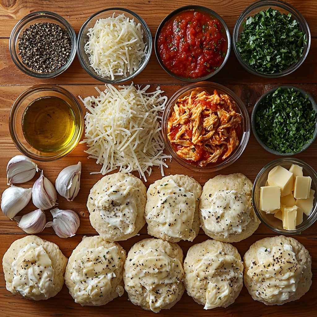 Refrigerated biscuit dough pieces arranged in a neat row, showcasing their smooth, pale, slightly glossy surface; small bowl of shredded cooked chicken mixed with rich red marinara sauce highlighting juicy, tender textures; heap of shredded mozzarella cheese with soft, stringy white strands next to a small mound of finely grated parmesan cheese with a powdery, slightly crumbly texture; small glass bowl of melted golden butter glistening under soft light; garlic cloves peeled and minced, displaying their creamy white, slightly moist texture; fresh bright green parsley finely chopped and sprinkled artistically nearby; small glass dish of deep green olive oil, smooth and reflective; pinch bowls of coarse salt and cracked black pepper grains adding a rustic touch. All ingredients laid out on a clean, light wood surface, with natural soft lighting emphasizing contrasts between creamy whites, vibrant reds, fresh greens, and golden yellows. Minimal props, slight shadows for depth, perfectly spaced for balance in a crisp, appetizing flat lay. Overhead shot, top down view, flat lay photography, professional food styling --ar 1:1 --q 2 --s 750 --v 6.1