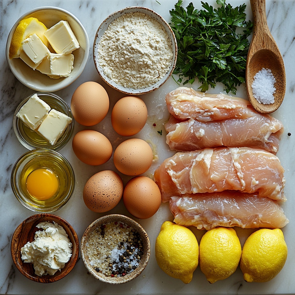 A clean white marble surface featuring the main ingredients for Lemon Butter Chicken Francese artfully arranged for a flat lay: two large raw chicken breasts halved lengthwise, pale pink with smooth texture; small piles of flour in a ceramic bowl and scattered lightly nearby; two eggs in a shallow cream-colored dish with lightly beaten golden yolks visible; a small glass bowl of golden olive oil shimmering softly; a pat of creamy butter on a rustic wooden butter knife; a clear glass bowl of light golden chicken broth; a small white ramekin with fresh bright yellow lemon juice; thin lemon slices arranged in a neat stack showing translucent, vibrant yellow rings; a wooden spoon with light garlic powder dusted beside it; small piles of coarse sea salt and cracked black peppercorns in white porcelain spoons; a small bunch of fresh, bright green chopped parsley; and a wedge of Parmesan cheese with visible pale ivory texture and scattered freshly grated cheese around it. The ingredients are spaced evenly with delicate shadows, natural daylight highlighting their vibrant colors and contrasting textures. The composition is balanced, clean, and inviting with minimal rustic accents, styled for clarity and mouthwatering appeal. Overhead shot, top down view, flat lay photography, professional food styling --ar 1:1 --q 2 --s 750 --v 6.1