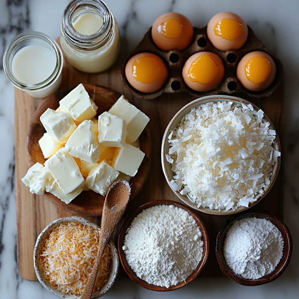 Coconut Cream Pie ingredients neatly arranged on a clean white marble surface. Include a small bowl of all-purpose flour with a wooden spoon, a small dish of granulated sugar sparkling under soft light, a pinch of salt in a tiny white ramekin, cold unsalted butter cubes on a rustic wooden board, and a small glass bowl of ice water droplets visible on the sides. Nearby, a measuring cup filled with whole milk and a can of creamy unsweetened coconut milk with part of the can open. Display a small bowl of cornstarch, four large bright yellow egg yolks in a clear glass bowl, and a pat of unsalted butter on a ceramic butter dish. Add a small glass bottle with vanilla extract, a bowl of sweetened shredded coconut showing fluffy texture, and a bowl of heavy whipping cream next to fine powdered sugar in a tiny dish. Toasted golden coconut flakes are scattered artistically on the surface. The colors range from warm buttery yellows, pure whites, to creamy beige and light browns, with contrasting textures of smooth liquids, flaky coconut, and powdery sugar. The arrangement is balanced and natural, with shadows softly diffused, evoking freshness and homely comfort. Overhead shot, top down view, flat lay photography, professional food styling --ar 1:1 --q 2 --s 750 --v 6.1