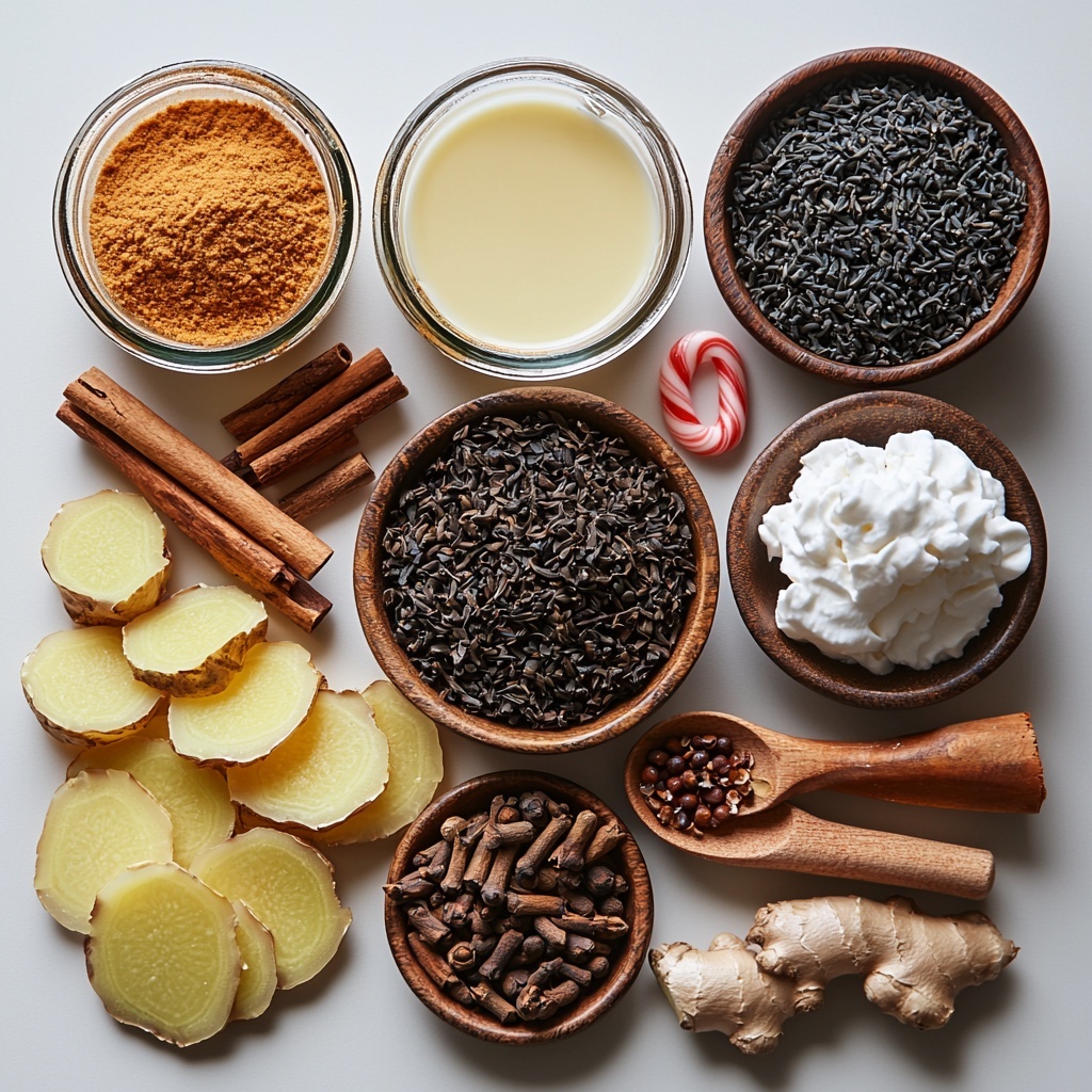 Loose leaf chai tea leaves in a small rustic bowl, two chai tea bags beside it; cinnamon stick with warm reddish-brown hue, scattered whole cloves with dark brown shiny textures, 4-5 golden-yellow fresh ginger slices showing fibrous texture; crushed green cardamom pods revealing tiny black seeds; small wooden spoon with light brown granulated brown sugar or golden maple syrup in a glass jar; small bowls containing ground cinnamon, ground cardamom, ground ginger, and ground cloves with fine powder textures in warm earth tones; a clear glass measuring cup filled with creamy white milk, a swirl of fluffy white whipped cream in a delicate bowl; festive peppermint stick with red and white stripes, crushed candy cane pieces adding sparkle and color; all ingredients carefully spaced and balanced on a clean bright white surface, natural soft daylight creating gentle shadows, rustic wooden board under some elements for warmth, minimalistic festive accents such as small pine branches or soft-focus fairy lights in the background for cozy holiday vibe, overhead shot, top down view, flat lay photography, professional food styling --ar 1:1 --q 2 --s 750 --v 6.1
