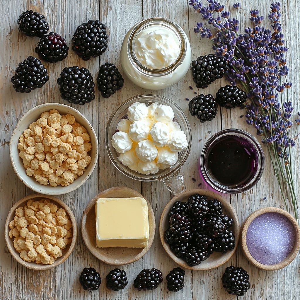 A flat lay arrangement of main ingredients for no-bake mini blackberry lavender cheesecakes on a clean, light wooden surface. On the left, a small bowl of fine golden graham cracker crumbs next to a glass jar of white granulated sugar, and a small dish with glossy, melted golden butter. In the center, a smooth block of creamy white softened cream cheese beside a small bowl of fine white sugar and a tiny glass bottle of amber vanilla extract. Toward the top, a rustic bowl overflowing with deep purple-black fresh blackberries alongside a small dish of bright yellow lemon juice. To the right, a delicate white bowl filled with fluffy whipped heavy cream, a small transparent bowl of pale dried lavender buds, a tiny glass of clear lavender-infused water, and a little glass container holding translucent gelatin powder. Scattered around are fresh dark blackberries, a few soft purple lavender sprigs, and a small glass jar of glossy dark blackberry syrup catching the light. The colors range from creamy whites and soft purples to deep blackberry blues and golden hues, with varied textures like crumbly, smooth, juicy, and fluffy. The composition is clean, airy, and balanced with thoughtful spacing, natural light highlighting the freshness of the ingredients, and subtle rustic props enhancing the elegant, homemade feel. overhead shot, top down view, flat lay photography, professional food styling --ar 1:1 --q 2 --s 750 --v 6.1