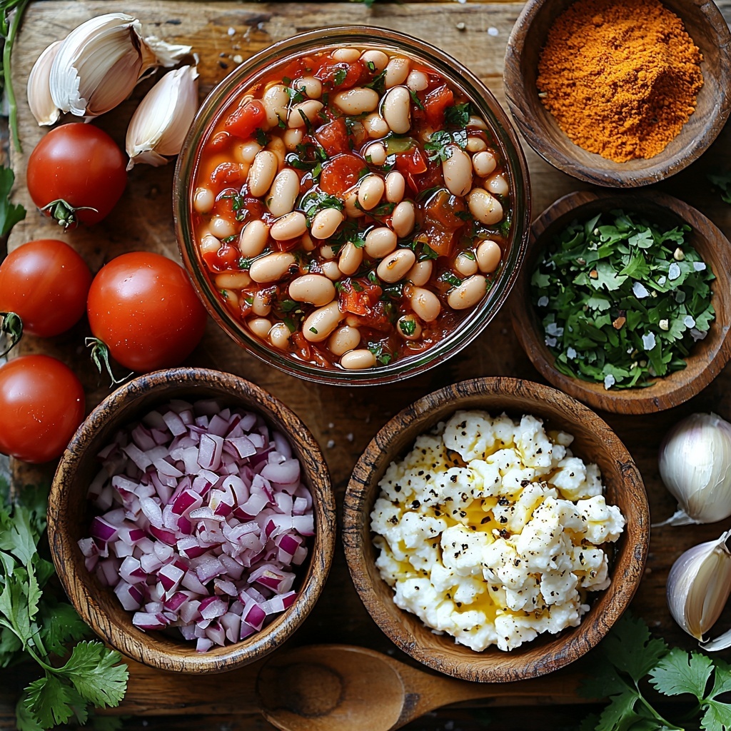 white beans in a glass jar with cooking liquid, drained white beans in a rustic ceramic bowl, fresh plum tomatoes with vibrant red skins, peeled and roughly chopped tomatoes in a small white dish, bright green chili pepper finely chopped, golden yellow olive oil in a small glass container, finely chopped medium onion on a wooden cutting board, peeled garlic cloves and grated garlic in a small white ramekin, fresh ginger root partially peeled with a small pile of finely grated ginger beside it, ground cumin and coriander seeds in small wooden bowls with rich brown hues, bright red paprika powder in a tiny ceramic bowl, deep red tomato purée in a porcelain spoon, granular white sugar in a small heap on textured linen, coarse sea salt scattered lightly, fresh cilantro leaves and finely chopped sprigs with vivid green colors, shredded mature cheddar cheese in a vintage bowl showing orange-yellow strands, fresh spring onions with bright green tops and white ends thinly sliced, creamy white labneh in a rustic earthenware bowl, all ingredients carefully arranged on a clean, natural light wood surface with soft shadows, enhanced textures highlighting the freshness and color contrasts, minimalistic styling with some cooking utensils such as wooden spoons and a linen napkin subtly placed for balance – overhead shot, top down view, flat lay photography, professional food styling --ar 1:1 --q 2 --s 750 --v 6.1