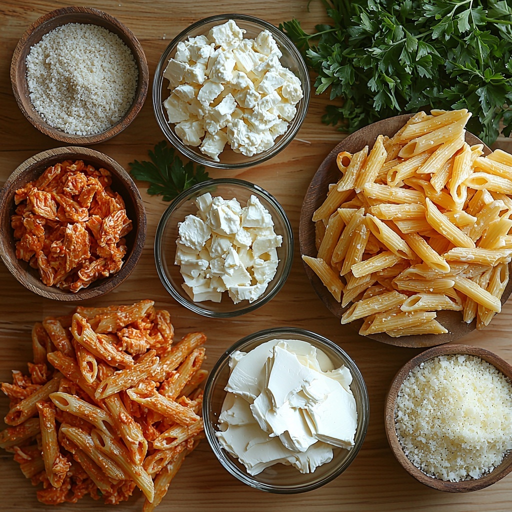 A flat lay of the main ingredients for a cheesy chicken in blankets pasta bake, arranged neatly on a clean, light-colored wooden surface. There is a small pile of cooked al dente penne pasta with a golden hue, next to shredded cooked chicken with a tender, moist texture in warm white and light brown tones. Nearby, a smooth block of softened cream cheese in creamy white sits beside a small glass bowl of heavy cream with a glossy, thick texture. Three separate bowls display shredded mozzarella and shredded cheddar, the mozzarella soft and white while the cheddar is bright orange with a slightly coarse texture. A small bowl of finely grated parmesan cheese shows a pale, granular texture. Scattered small bowls contain garlic powder and onion powder in fine beige and off-white powders, with salt and freshly ground black pepper in tiny dishes. Fresh bright green parsley leaves add a pop of color and freshness, artistically spread around the scene. The overall arrangement is clean, balanced, and inviting, with natural daylight highlighting the vibrant colors and varied textures, styled to emphasize freshness and homestyle comfort. Overhead shot, top down view, flat lay photography, professional food styling --ar 1:1 --q 2 --s 750 --v 6.1