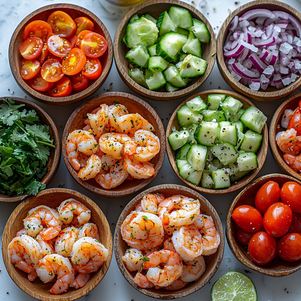 A clean white marble surface with all main ingredients of shrimp and avocado salad artfully arranged in separate small wooden bowls and scattered loosely: peeled, deveined large shrimp with a glistening, slightly pink texture; two ripe avocados diced into vibrant green cubes with creamy texture; bright red cherry tomatoes halved, showcasing juicy interiors; cool, crisp cucumber diced into pale green cubes; thinly sliced, translucent red onion rings fanned out; fresh, finely chopped cilantro leaves with vivid green color; small glass containers holding golden olive oil and fresh lime juice; a sprinkle of coarse salt crystals and ground black peppercorns displayed on a small white ceramic dish; optionally a few finely diced bright green jalapeño pieces adding a pop of color. Natural soft daylight emphasizes freshness and vivid colors, clean minimalistic styling with light shadows for depth, arranged symmetrically but relaxed for a natural feel, shot from directly above. Overhead shot, top down view, flat lay photography, professional food styling --ar 1:1 --q 2 --s 750 --v 6.1