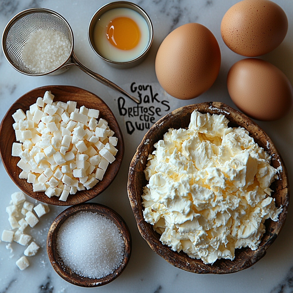 softened full-fat cream cheese in a small rustic bowl, granulated white sugar scattered neatly beside it, two large brown eggs cracked open with yolks visible in a clear glass bowl, a measuring cup filled with smooth heavy cream, a small vintage spoon holding vanilla extract with a rich amber hue, a tiny heap of fine white salt next to them, a sifter lightly dusted with all-purpose flour, all ingredients arranged thoughtfully on a clean white marble surface that highlights their natural colors and textures, soft natural light casting gentle shadows to enhance the creamy, smooth, and powdery details, subtle props like a wooden spatula and parchment paper edges adding warmth and context, minimalistic and airy composition with well-balanced spacing, overhead shot, top down view, flat lay photography, professional food styling --ar 1:1 --q 2 --s 750 --v 6.1