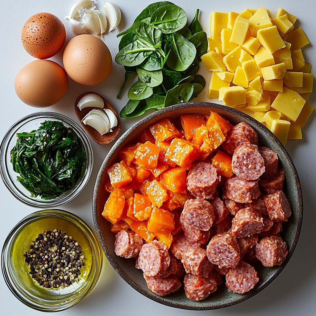 A clean white surface with all the main ingredients for a breakfast casserole neatly arranged for flat lay photography: raw ground breakfast sausage in a small rustic bowl showing its coarse texture and pinkish hue; a small glass bowl with golden olive oil glistening; a pile of finely chopped yellow onion with translucent layers; four peeled garlic cloves scattered nearby; two medium bell peppers—one vibrant red and one bright yellow—chopped into bite-sized pieces, displaying their glossy, crisp flesh; a cluster of sliced baby bella mushrooms with soft brown caps and delicate gills; a small mound of fresh baby spinach leaves, deep green and slightly crinkled; a neat rectangular block of thawed shredded hash browns with a fluffy, slightly frosty appearance; a small wooden spoon filled with Old Bay seasoning in rusty orange tones; twelve large brown-speckled eggs arranged in a simple line emphasizing their smooth, matte shells; a small black pepper mill and some freshly ground black pepper flakes scattered artfully; a glass measuring cup filled with creamy half-and-half; a bowl overflowing with shredded sharp cheddar cheese, bright orange with a slightly crumbly texture; optional garnishes of ripe avocado slices showing creamy green flesh with dark skins, and finely chopped green onions adding a fresh vivid green contrast. All ingredients are spaced evenly with clean lines and natural shadows enhancing their textures and colors on the white background. The styling is minimalist and bright, with soft natural light creating gentle highlights and a fresh inviting mood, focusing on the vibrant colors and textures of fresh, raw ingredients. overhead shot, top down view, flat lay photography, professional food styling --ar 1:1 --q 2 --s 750 --v 6.1