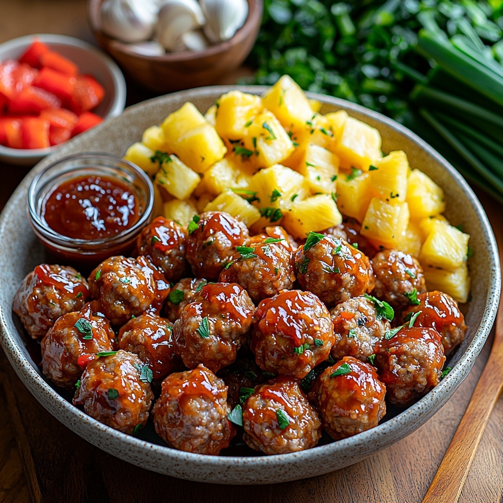 / Imagine a clean, light wooden surface as the backdrop, showcasing a vibrant flat lay arrangement of ingredients for Crockpot Hawaiian Meatballs. Centered are frozen meatballs in a rustic ceramic bowl, surrounded by bright yellow pineapple chunks in a small glass dish, and chopped red bell pepper pieces on a white plate to the right. Nearby, a small bowl holds glossy, deep reddish-brown BBQ sauce, next to a rustic wooden spoon partially dipped in it. Scattered artfully are cloves of fresh garlic, some whole and some minced on a small cutting board. A tiny bowl contains golden brown sugar crystals, while a small dish holds dark soy sauce, exuding a shiny texture. A clear glass bowl with white vinegar has a slight gloss, catching the light. Near the top edge, a small mound of pale ginger powder contrasts softly against the surface. Fresh, bright green sliced scallions are fanned out delicately on a narrow rectangular plate. The colors pop—red, yellow, brown, green—creating a harmonious, appetizing palette. Soft natural lighting highlights textures, from the smoothness of the sauce to the coarse brown sugar and the firm meatballs. The composition balances rustic charm with modern minimalism, styled with clean lines and a few natural green leaves as subtle accents. Overhead shot, top down view, flat lay photography, professional food styling --ar 1:1 --q 2 --s 750 --v 6.1
