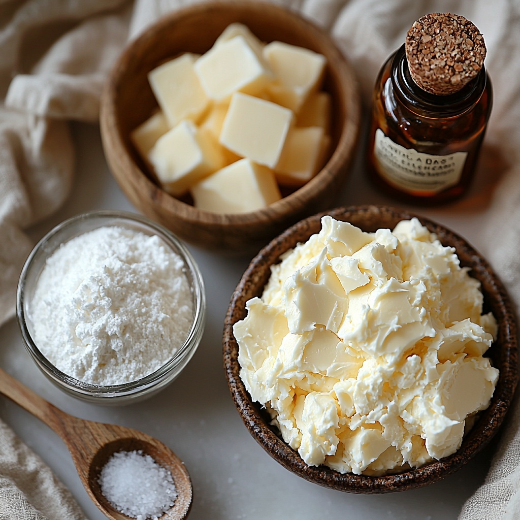 /Imagine prompt: A clean, bright white surface neatly arranged with the main ingredients for American Buttercream Frosting. Softened unsalted butter in a small glass bowl showing its creamy, pale yellow texture; a small vintage spoon holding ½ teaspoon of fine salt crystals; a mound of pure white powdered sugar sitting in a rustic ceramic bowl with a delicate dusting on the edges; a small clear glass measuring cup with 2 ounces of rich, glossy heavy cream; and a tiny amber glass bottle with a wooden cap, slightly open to reveal the smooth vanilla extract inside. The ingredients are spaced evenly with subtle shadows to create depth, styled with natural soft daylight to enhance the creamy and powdery textures. A minimalist linen napkin and a wooden mixing spoon are artfully placed nearby to add warmth and context. The overall look is clean, fresh, and inviting, emphasizing the softness and simplicity of the frosting components. Overhead shot, top down view, flat lay photography, professional food styling --ar 1:1 --q 2 --s 750 --v 6.1