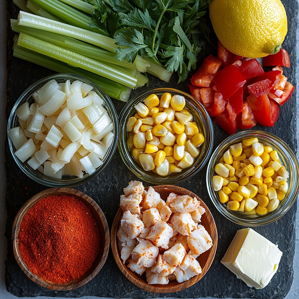 A clean white surface neatly arranged with the main ingredients for crab and corn chowder: a small glass bowl of golden olive oil, finely chopped pale yellow onion in a rustic ceramic bowl, bright green celery pieces in a tiny wooden bowl, vibrant red bell pepper pieces scattered artfully nearby, two peeled garlic cloves with minced garlic on a small wooden spoon, fresh yellow corn kernels in a clear glass bowl, a small white bowl of creamy heavy cream, a heap of flaky white and pink lump crab meat displayed on a textured slate slab, a small dish of deep red paprika powder, a halved bright yellow lemon with juice droplets, a pat of creamy butter resting on parchment paper, and a sprig of fresh leafy green parsley. The ingredients showcase a harmonious mix of warm and fresh tones with varied textures from smooth liquids to rough crab meat and crisp vegetables. Soft natural light casts gentle shadows, enhancing the vibrant colors and freshness, styled minimally with rustic props and subtle linen fabric accents. overhead shot, top down view, flat lay photography, professional food styling --ar 1:1 --q 2 --s 750 --v 6.1