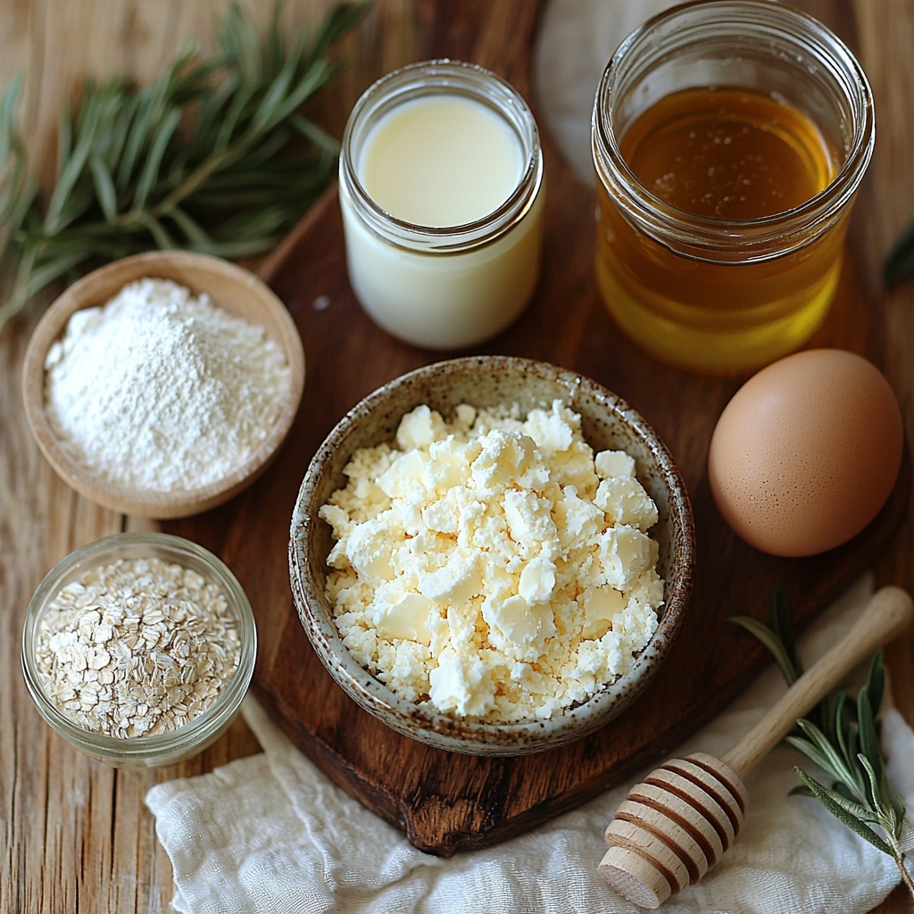 finely ground golden cornmeal in a small ceramic bowl, soft light beige oat flour in a rustic wooden scoop, white baking powder and baking soda in tiny glass jars, small heap of coarse sea salt crystals on a white porcelain spoon, creamy off-white plain Greek yogurt in a clear glass ramekin, smooth pale milk or milk alternative in a small glass pitcher, melted butter glowing golden-yellow in a shallow clear dish, glossy amber honey pooled gently on a wooden board with a honey dipper, a single large brown egg resting on a crisp white linen napkin; all ingredients arranged neatly and spaced evenly on a clean, light wood surface with natural soft daylight enhancing warm tones and subtle shadows, textures clearly visible — overhead shot, top down view, flat lay photography, professional food styling --ar 1:1 --q 2 --s 750 --v 6.1