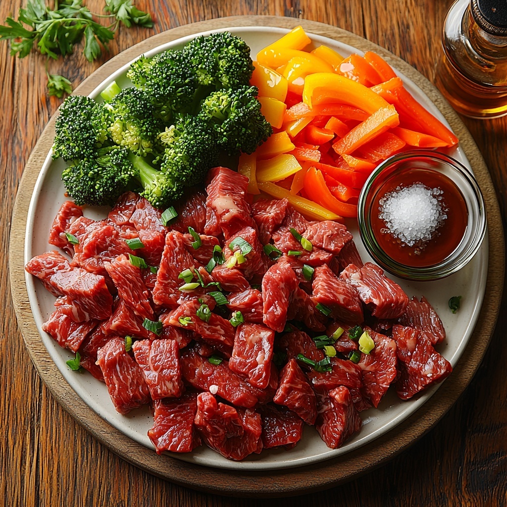 /Imagine prompt: A clean, light wooden surface neatly arranged with the main ingredients for beef stir fry in a harmonious flat lay. Thinly sliced beef flank steak, deep red with marbled texture, is fanned out on a small white ceramic plate. Nearby, vibrant mixed bell peppers in red, yellow, and green hues are sliced into strips and placed in a small glass bowl, their glossy, crisp texture catching the light. Bright green broccoli florets, fresh and textured, sit clustered next to a pile of bright orange julienned carrots, showcasing their slender, delicate shape. A small rustic bowl holds a dark amber soy sauce combined with golden sesame oil, sprinkled lightly with fresh grated ginger’s fibrous strands and tiny minced garlic pieces visible on the side. A teaspoon with white granulated sugar lies beside the sauce bowl. Nearby, a small bottle of vegetable oil with a slight shine hints at cooking readiness. The ingredients are spaced evenly with gentle shadows for depth, styled minimally with clean lines and no clutter, emphasizing the fresh colors and natural textures. Overhead shot, top down view, flat lay photography, professional food styling --ar 1:1 --q 2 --s 750 --v 6.1