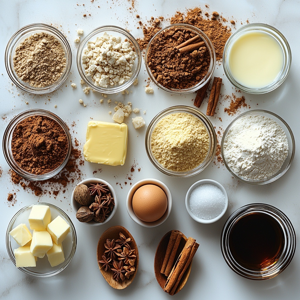 White sugar in a small clear glass bowl, a heap of warm brown cinnamon powder and ground ginger displayed elegantly on small white ceramic spoons, light beige all-purpose flour scattered artistically on a clean white surface, cream of tartar and baking soda in tiny glass ramekins, fine white salt sprinkled delicately next to them, rich golden melted unsalted butter in a small glass jug, a rustic pile of dark brown sugar with moist texture on a wooden dish, a single large brown egg with smooth shell placed beside a small glass bowl of dark amber molasses, a slender bottle of vanilla extract with a visible label, arranged neatly with subtle shadows and natural soft lighting enhancing warm earth tones and textures, clean minimalist background emphasizing the ingredients’ colors and details, slight flour dusting around, overhead shot, top down view, flat lay photography, professional food styling --ar 1:1 --q 2 --s 750 --v 6.1