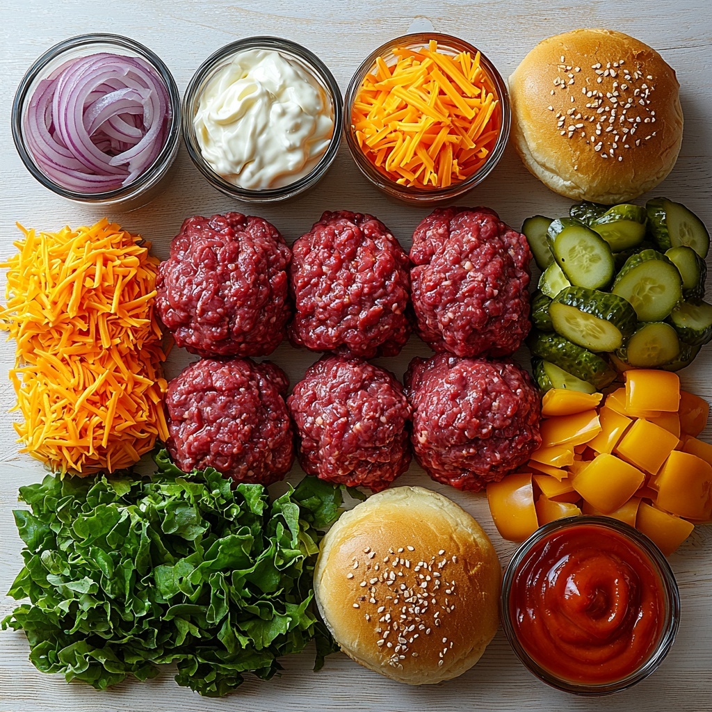 A clean white or light wooden surface arranged with all the main ingredients for White Trash Sliders: a neatly formed mound of raw ground beef with rich red and pink tones and visible marbling; a small glass bowl filled with finely diced translucent white onion; a heap of bright orange shredded cheddar cheese with soft, shredded texture; a small clear dish holding diced green pickles with glossy, wet surfaces; a small ramekin of creamy white mayonnaise with a smooth, shiny texture; a small dish with vibrant yellow mustard, smooth and glossy; another small dish with classic bright red ketchup with a thick consistency; a neat row of golden brown slider buns with a soft texture and slightly glossy tops; sprinkled coarse salt and cracked black pepper scattered lightly around the beef; optional fresh, crisp green lettuce leaves and slices of ripe red tomato arranged artistically to one side. The ingredients are spaced thoughtfully with careful attention to color contrast and natural textures, styled to highlight freshness and variety, vibrant and appetizing. Overhead shot, top down view, flat lay photography, professional food styling --ar 1:1 --q 2 --s 750 --v 6.1