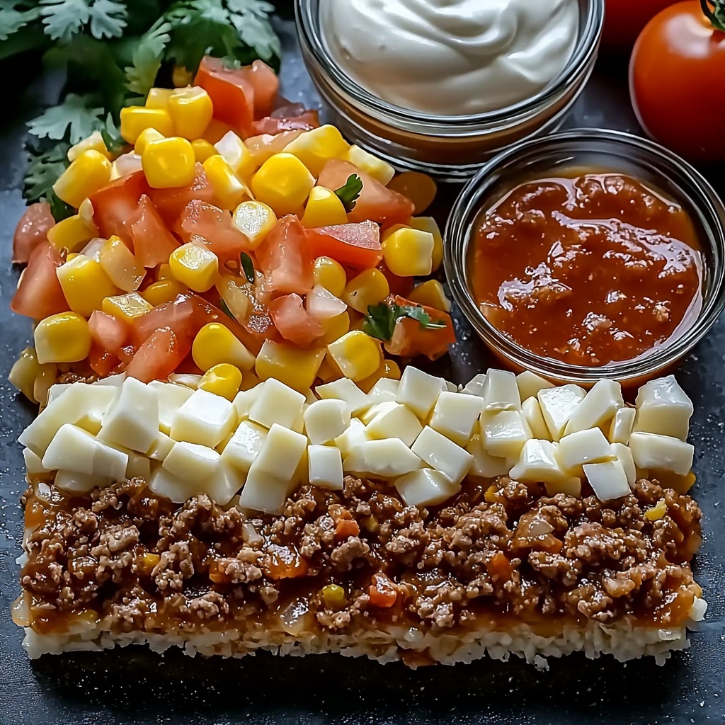 /Imagine a clean, bright surface showcasing the main ingredients for an Easy One Pot Mexican Rice Casserole arranged neatly in a harmonious flat lay composition. Include a pound of raw ground beef with a rich, deep red color and textured marbling; a small onion chopped into small, translucent white pieces; two cloves of garlic minced finely, scattered near the onion; two tablespoons of vibrant reddish-brown taco seasoning in a small rustic bowl; one cup of smooth, glossy tomato sauce in a clear glass container; a can of diced tomatoes with green chilies, showing bright red tomato cubes speckled with vivid green chilies; one cup of yellow corn kernels, fresh and plump, with a slight sheen; one cup of uncooked long grain white rice, its tiny grains smooth and ivory-colored; a clear measuring cup filled with 2 1/2 cups rich beef broth, amber and slightly translucent; one and a half cups of shredded cheddar cheese, bright orange with soft texture piled loosely; and optional toppings arranged around the main ingredients — dollops of creamy sour cream bright white and fluffy, small diced fresh red tomatoes, and fresh chopped cilantro leaves with vibrant green color and delicate texture. The arrangement is balanced and spaced evenly to create a visually appealing, colorful palette of reds, yellows, whites, and greens with contrasting textures—smooth, chunky, soft, and granular. The lighting is natural and soft, enhancing the freshness and vivid colors, casting gentle shadows for depth. The scene is styled with minimal props, clean lines, and a slight rustic touch to evoke warmth and homeliness. Overhead shot, top down view, flat lay photography, professional food styling --ar 1:1 --q 2 --s 750 --v 6.1